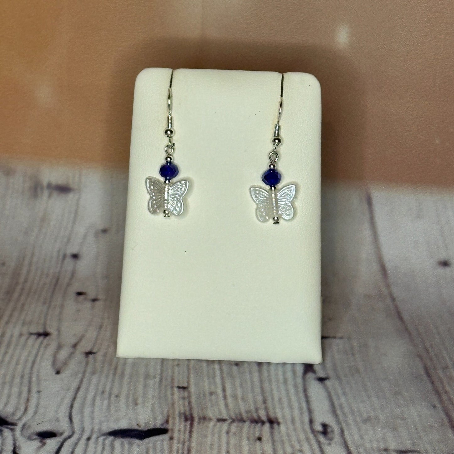 D Blue Crystal And White Butterfly Dangle Drop Earrings Handmade UK Jewellery0