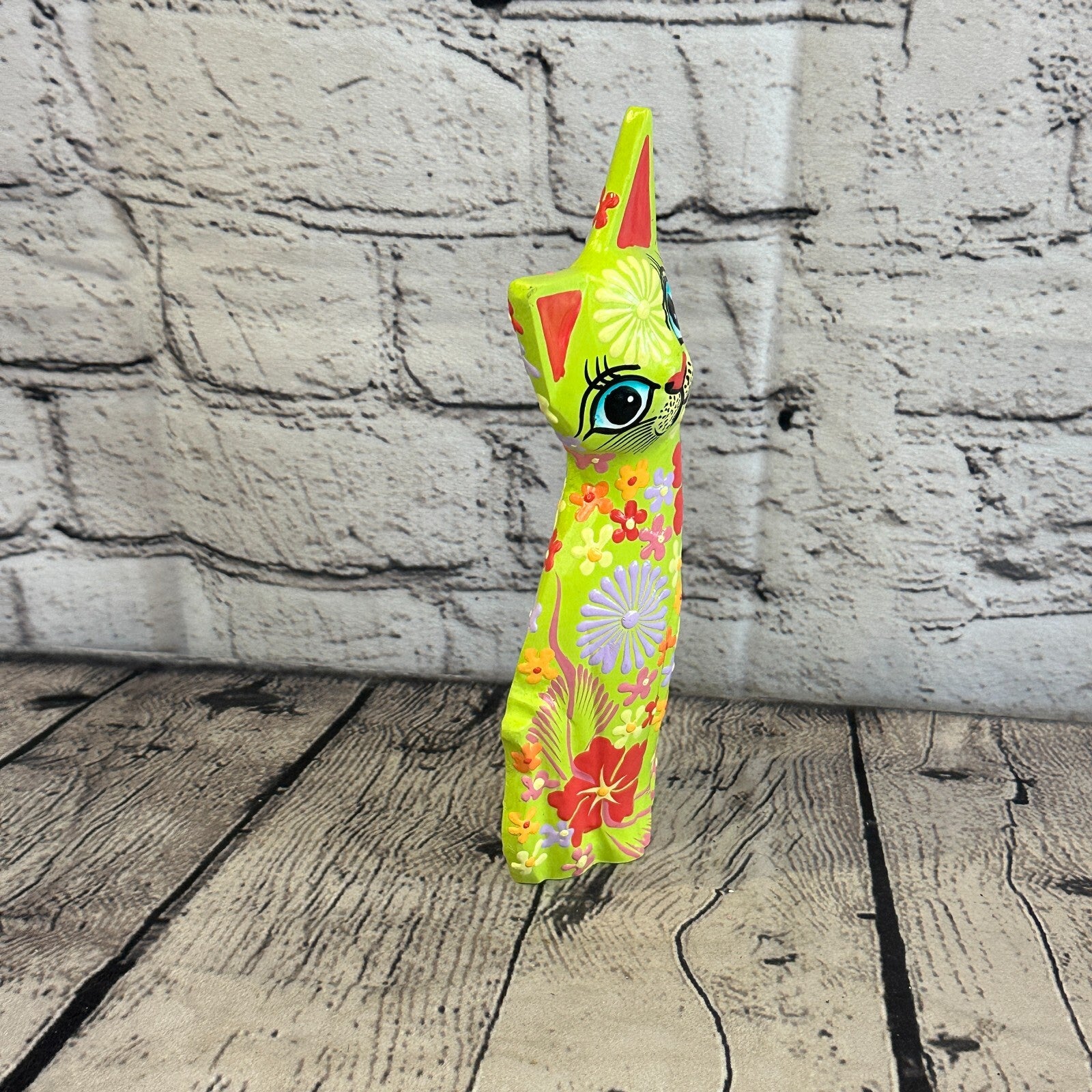 Green Flat Back Wooden Cat With Flower Pattern 15cm x 8cm Handmade and Fairtrade2