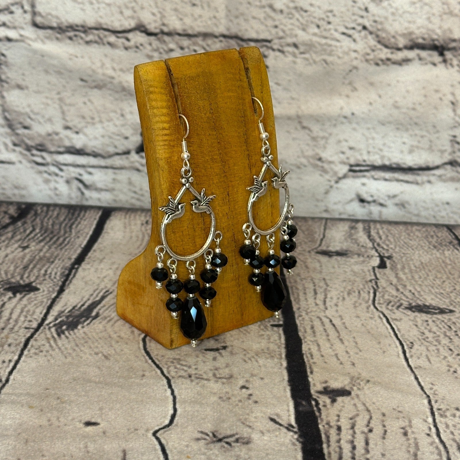 Black Drop Crystal Bird Dangle Drop Earrings Handmade UK Jewellery2