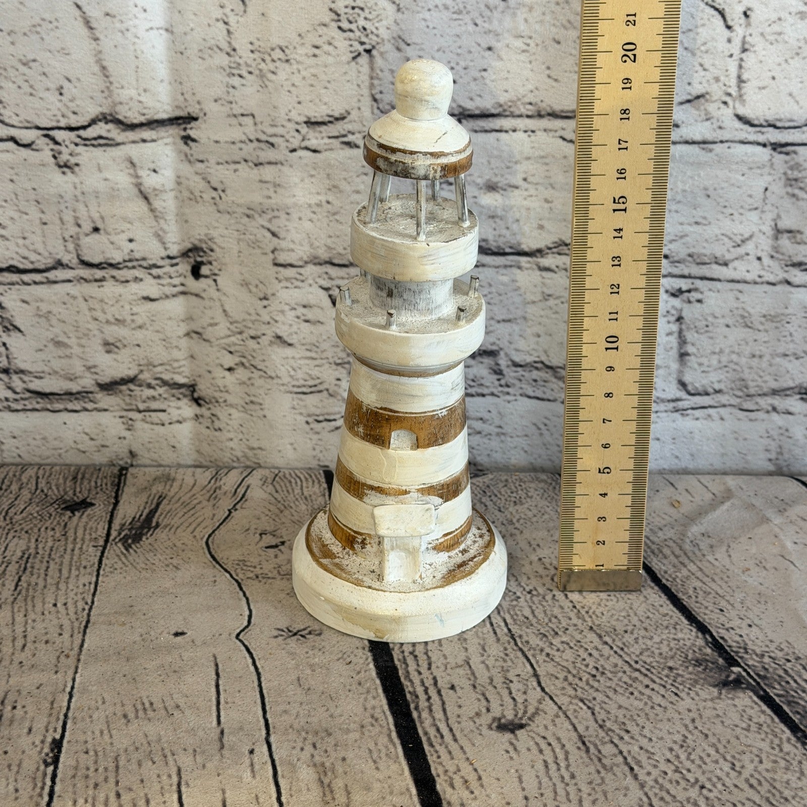20cm Cream White Wooden Lighthouse Detailed Ornament Nautical Coastal Sculpture3