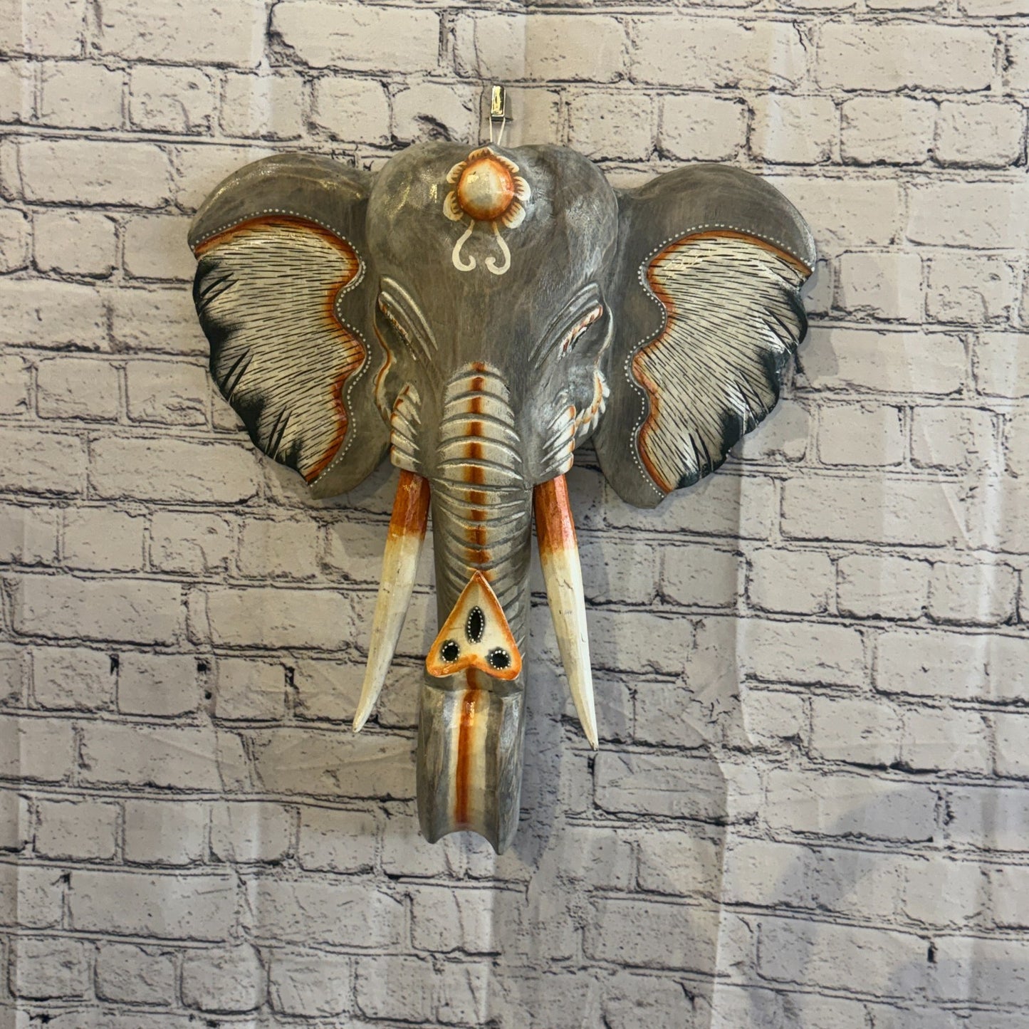 50cm x 45cm Grey Light Painted Wood Elephant Head Wall Mounted Art Shabby2