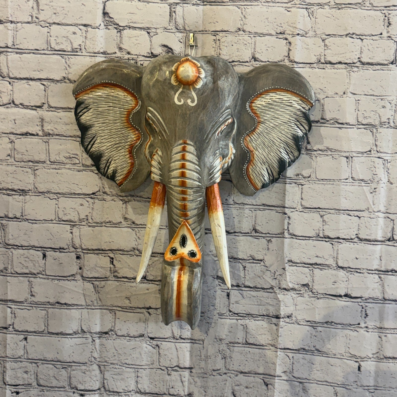 50cm x 45cm Grey Light Painted Wood Elephant Head Wall Mounted Art Shabby2