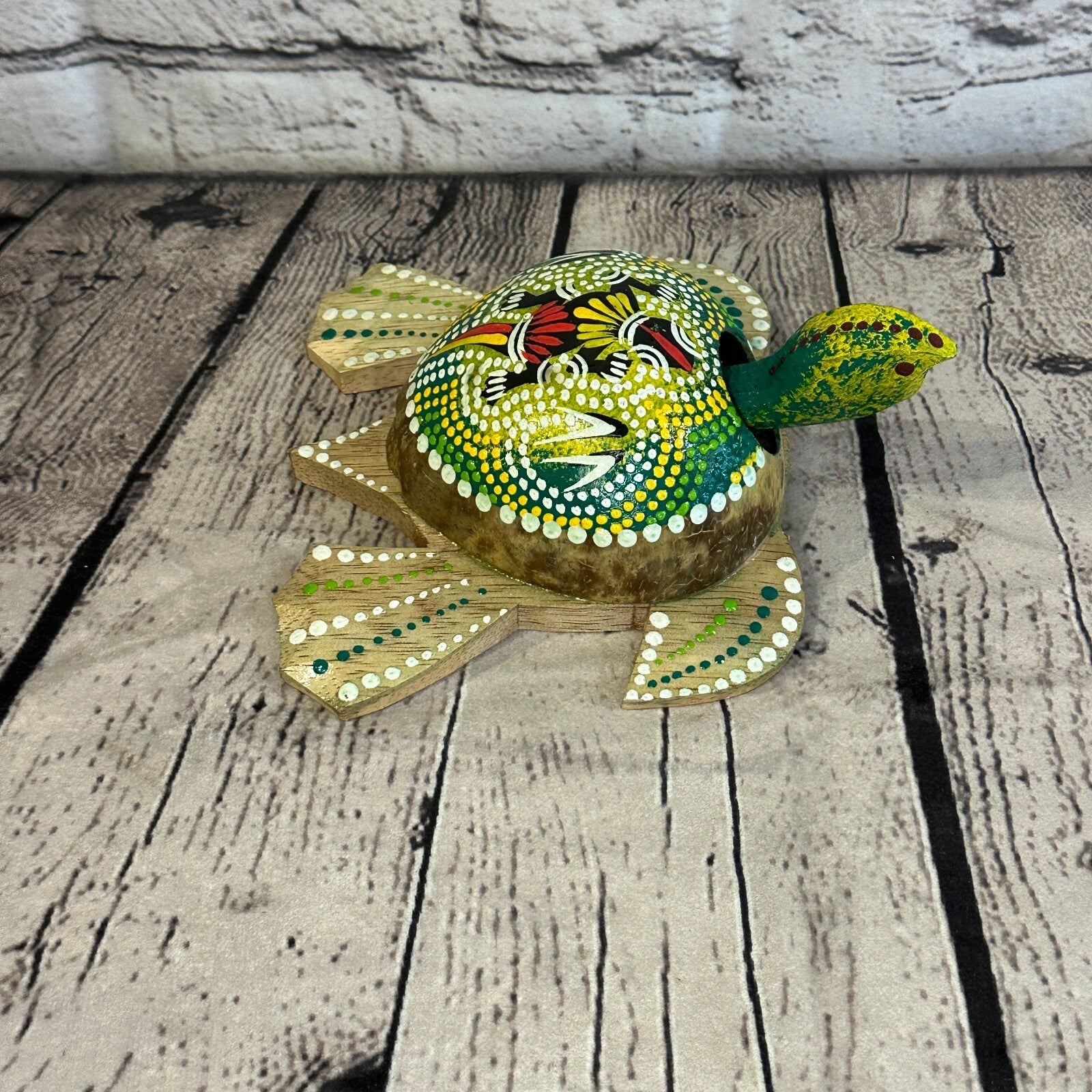 Green Painted Half Coconut Shell Wood Turtle Bobble Head Moving Tortoise4