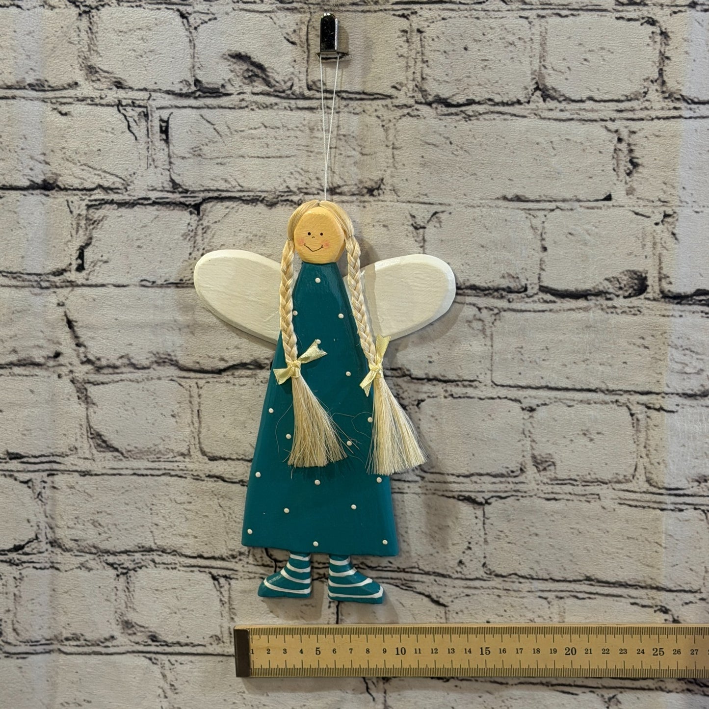 25cm Teal Wall Hanging Angel Figurine Folk Art Wood Fabric Baltic Handmade5