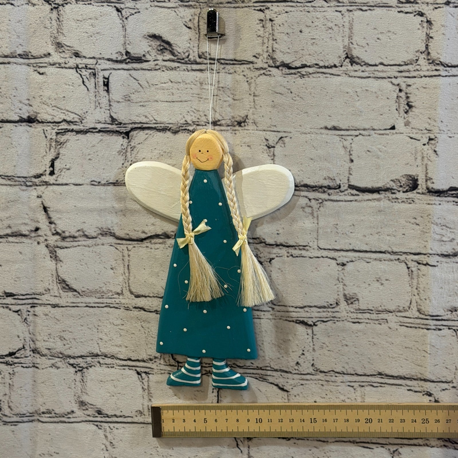 25cm Teal Wall Hanging Angel Figurine Folk Art Wood Fabric Baltic Handmade5