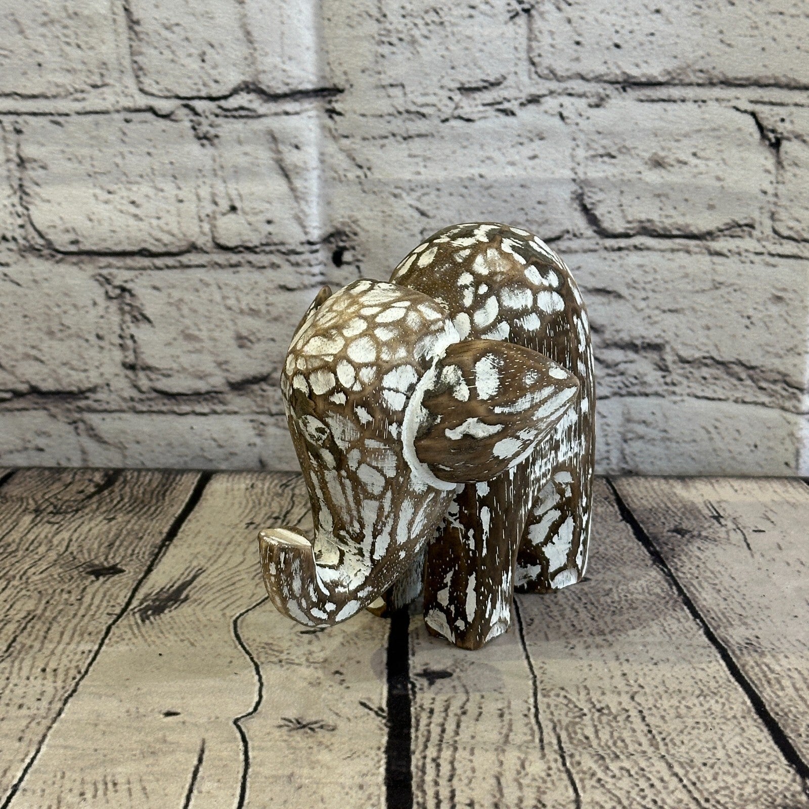 Brown Wooden Elephant With Shabby Pattern 12cm x 12cm Handmade and Fairtrade0