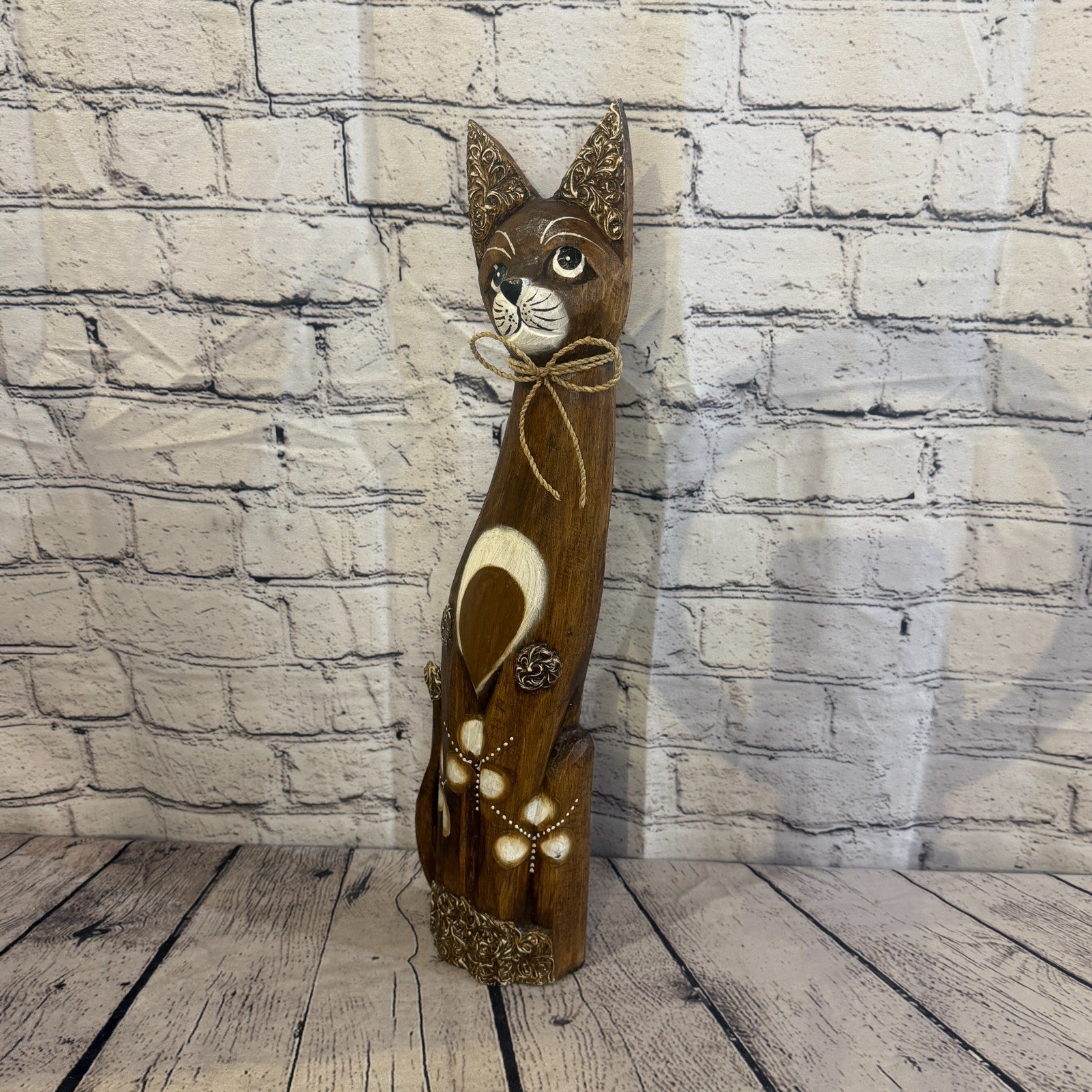 50cm Brown Silver Dots Wooden Shabby Cat Statue Ornament Fair Trade Handcarved1