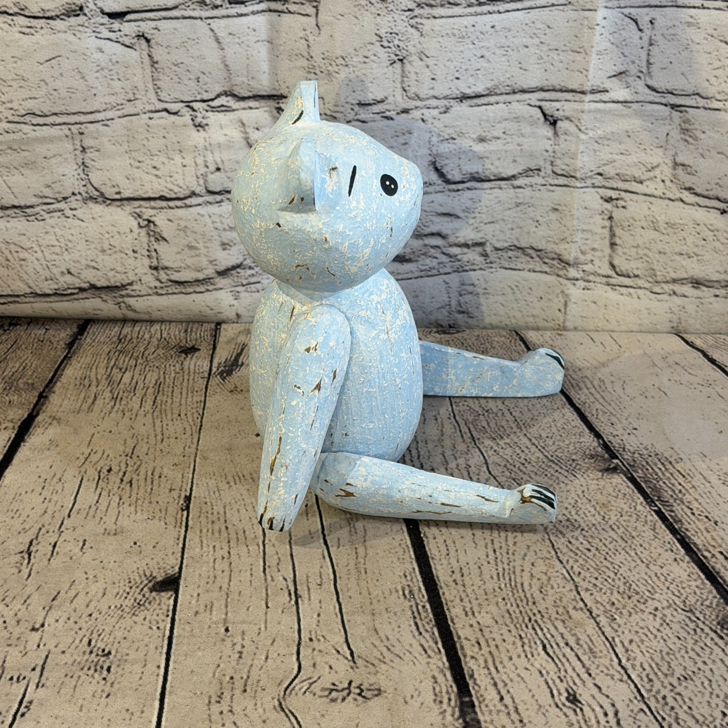 20cm Blue Teddy Bear Sitting Animal, Wooden Shelf Ornament Handmade & Fairtrade3