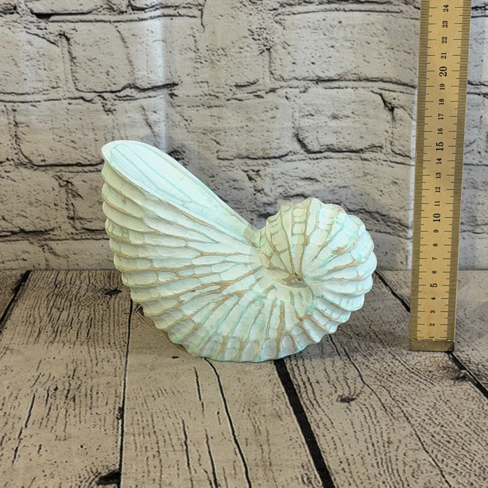 20cm Green Shabby Pastel Nautilus Shell Ornament Decor Carved Light Wood Figure5