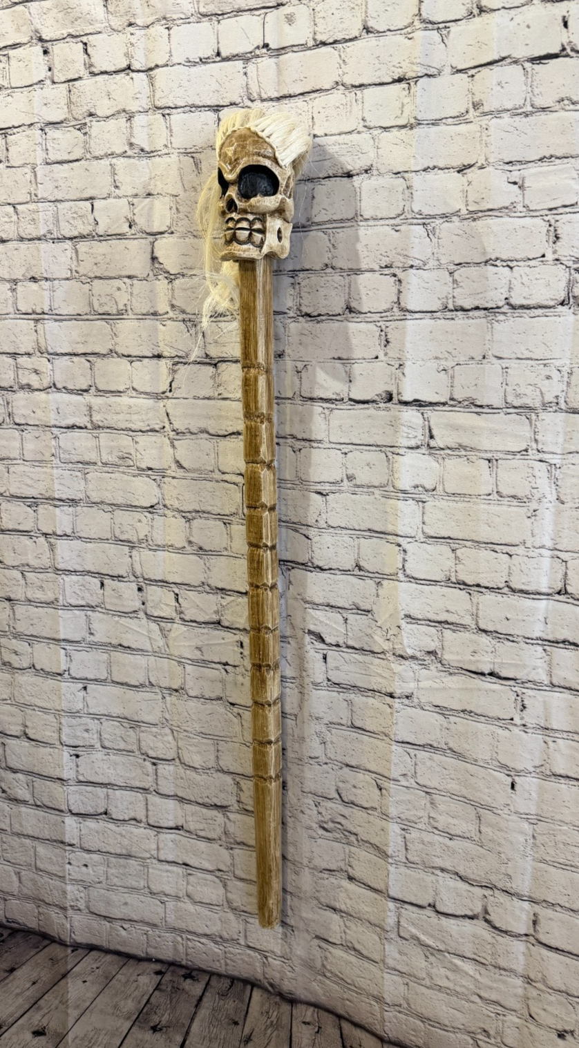 110cm Skeleton Skull With Hair Wood Stick Hand Carved Halloween Walking Staff1