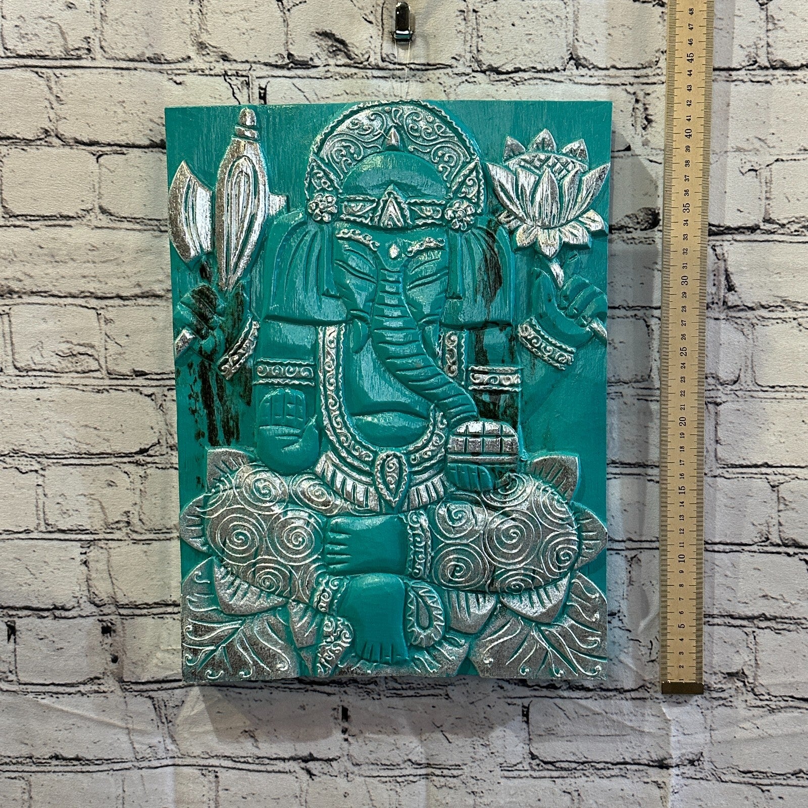 Wooden Wood Panel 40cm Brown Teal Ganesh Lotus Wall Art Plaque Handcarved4