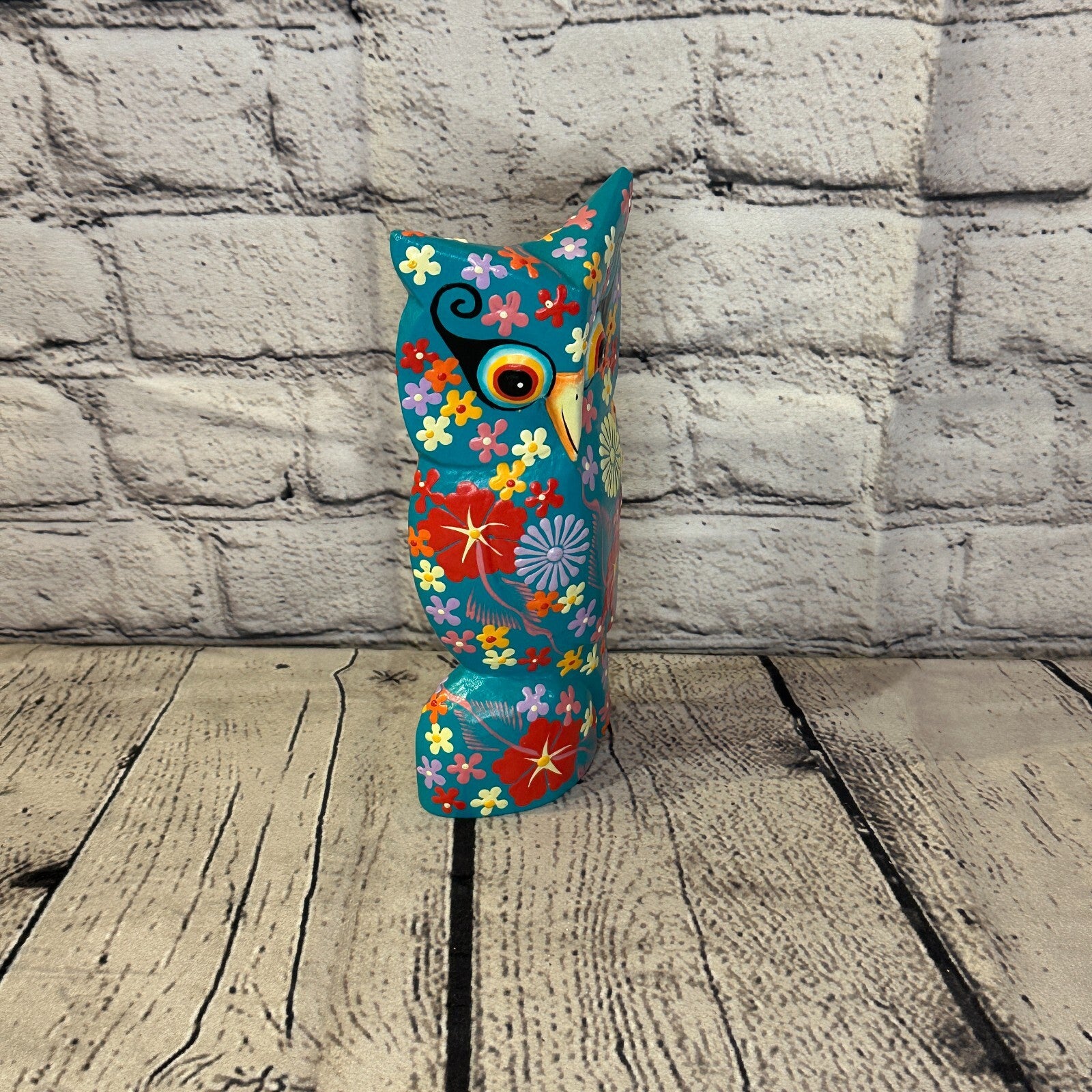Blue Large Wooden Owl With Flower Pattern 20cm x 8cm Handmade and Fairtrade2