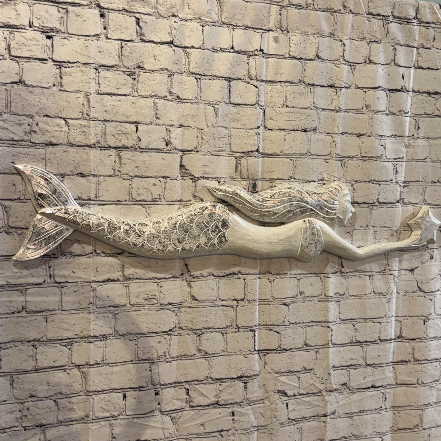100cm White Wooden Mermaid Wall Decor Beach Art Hanging Mermaid Plaque Nautical1