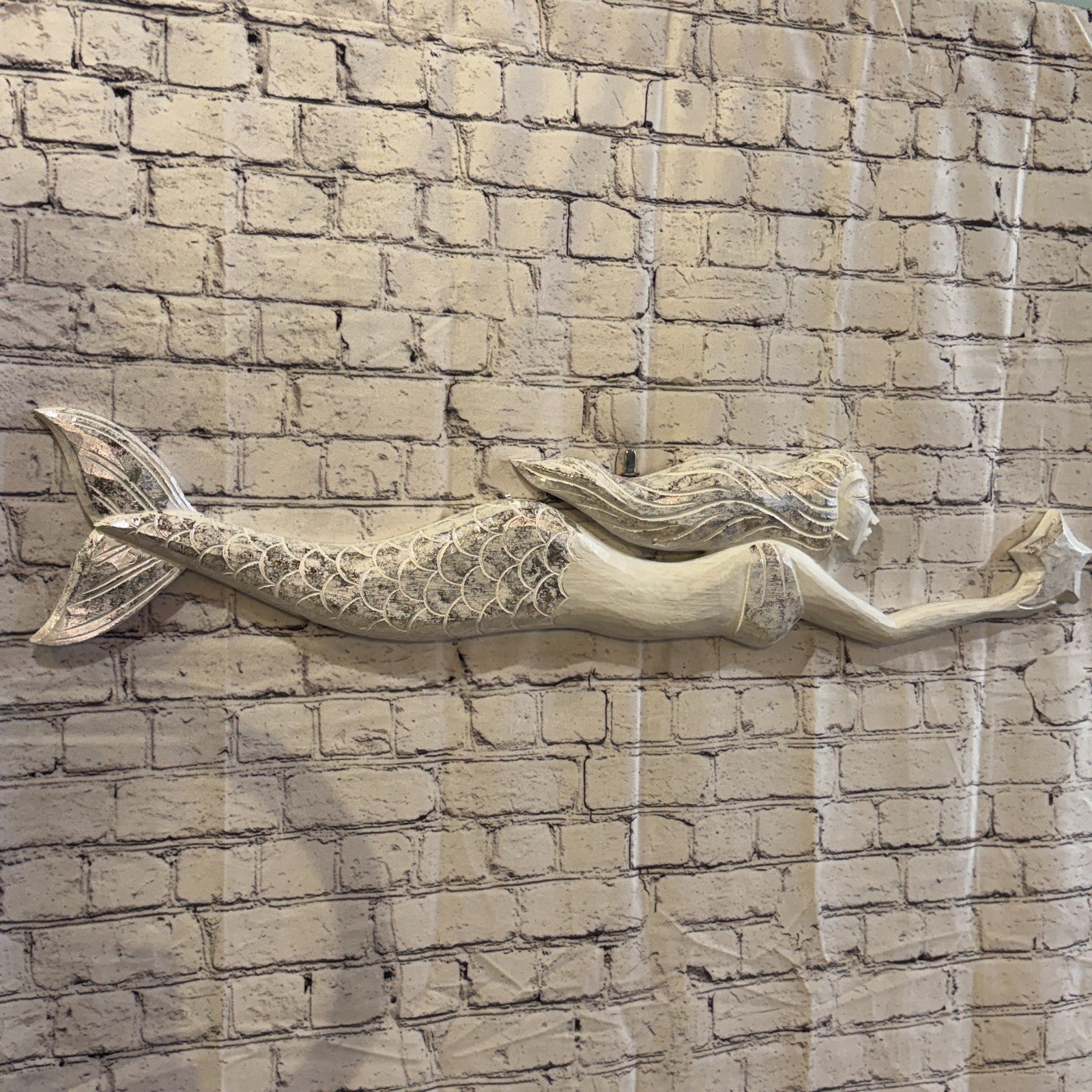 100cm White Wooden Mermaid Wall Decor Beach Art Hanging Mermaid Plaque Nautical1