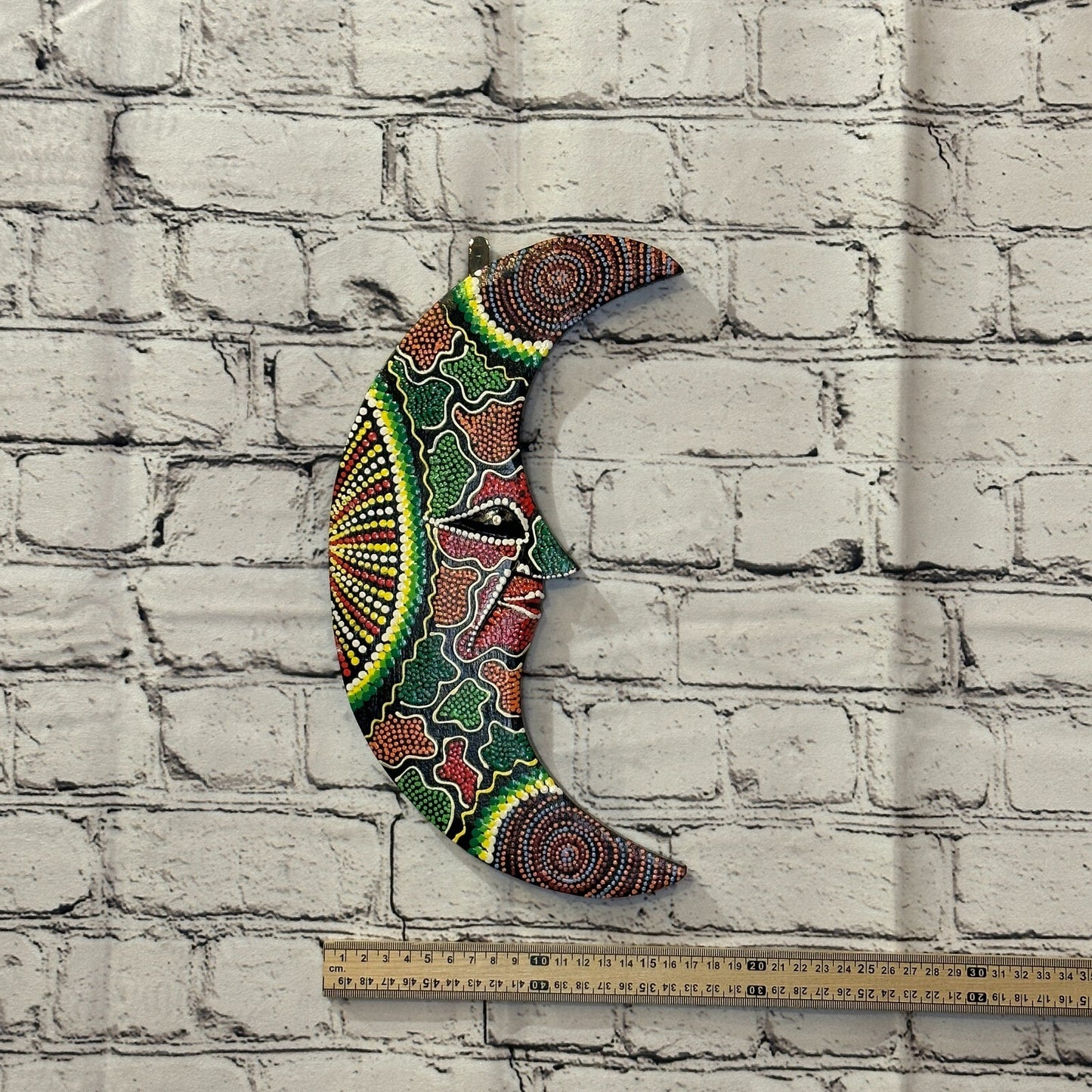 30cm Crescent Moon Carved Wooden Dot Painted Ethnic Tribal Tiki Wall Art No 13