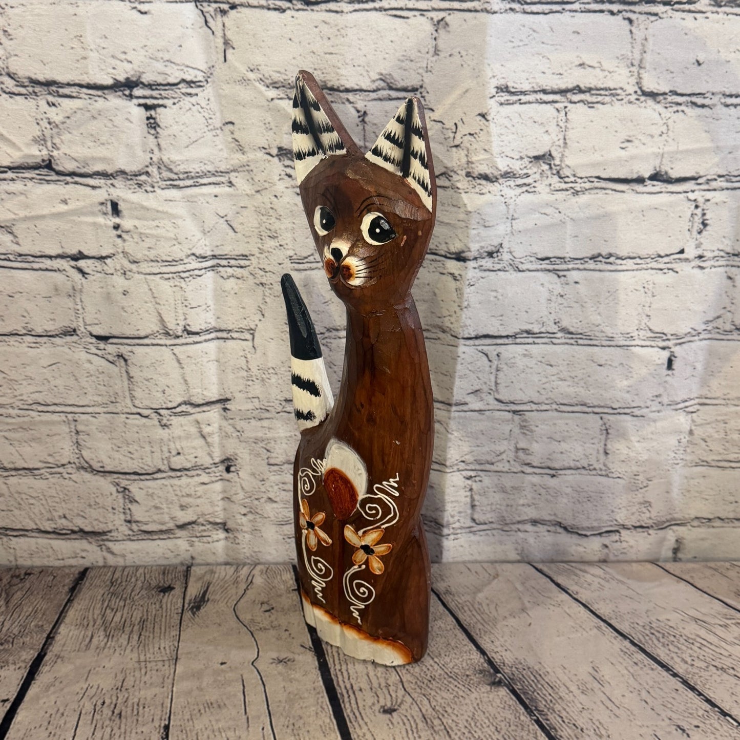 40cm Brown Flower Wooden Shabby Cat Statue Ornament Fair Trade Handcarved1