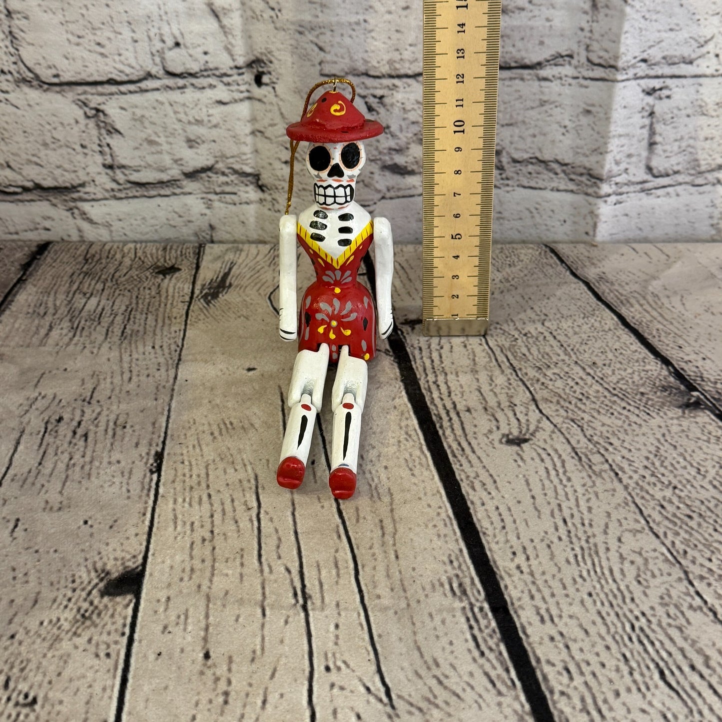 10cm Red Day Of The Dead Lady Sitting Animal, Wooden Shelf Ornament Fairtrade5