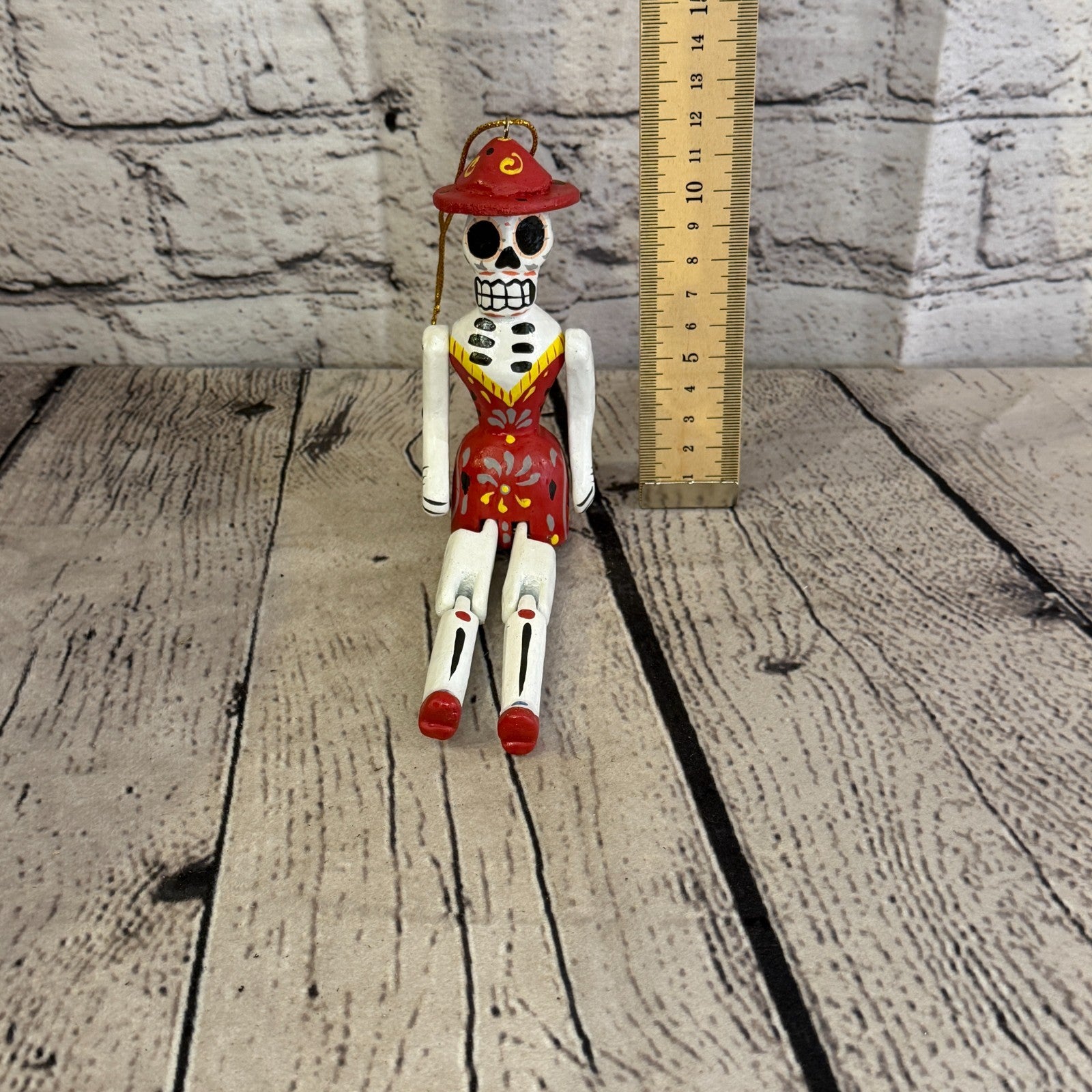 10cm Red Day Of The Dead Lady Sitting Animal, Wooden Shelf Ornament Fairtrade5