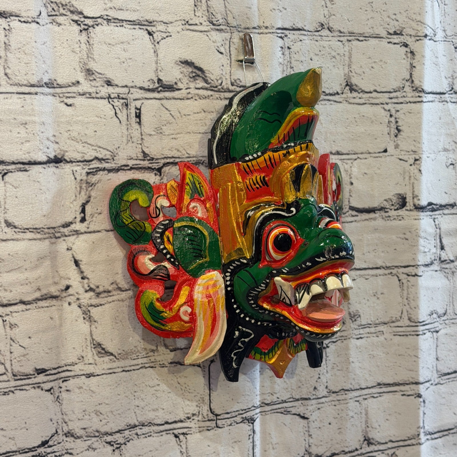 25cm Barong Crown Green Demon Dragon Hindu Deity Wooden Hand Carved Mask Painted0
