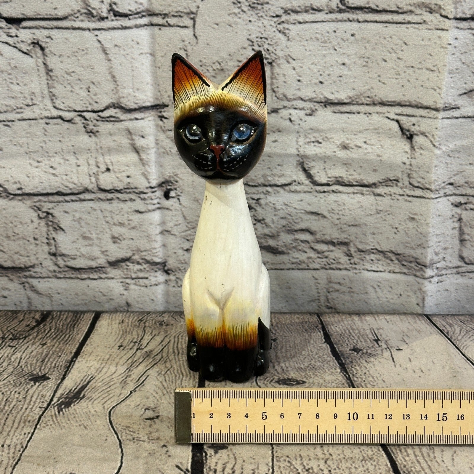 20cm x 7cm Siamese Sitting Bobble Style Painted Wooden Hand Carved Cat Wooden7