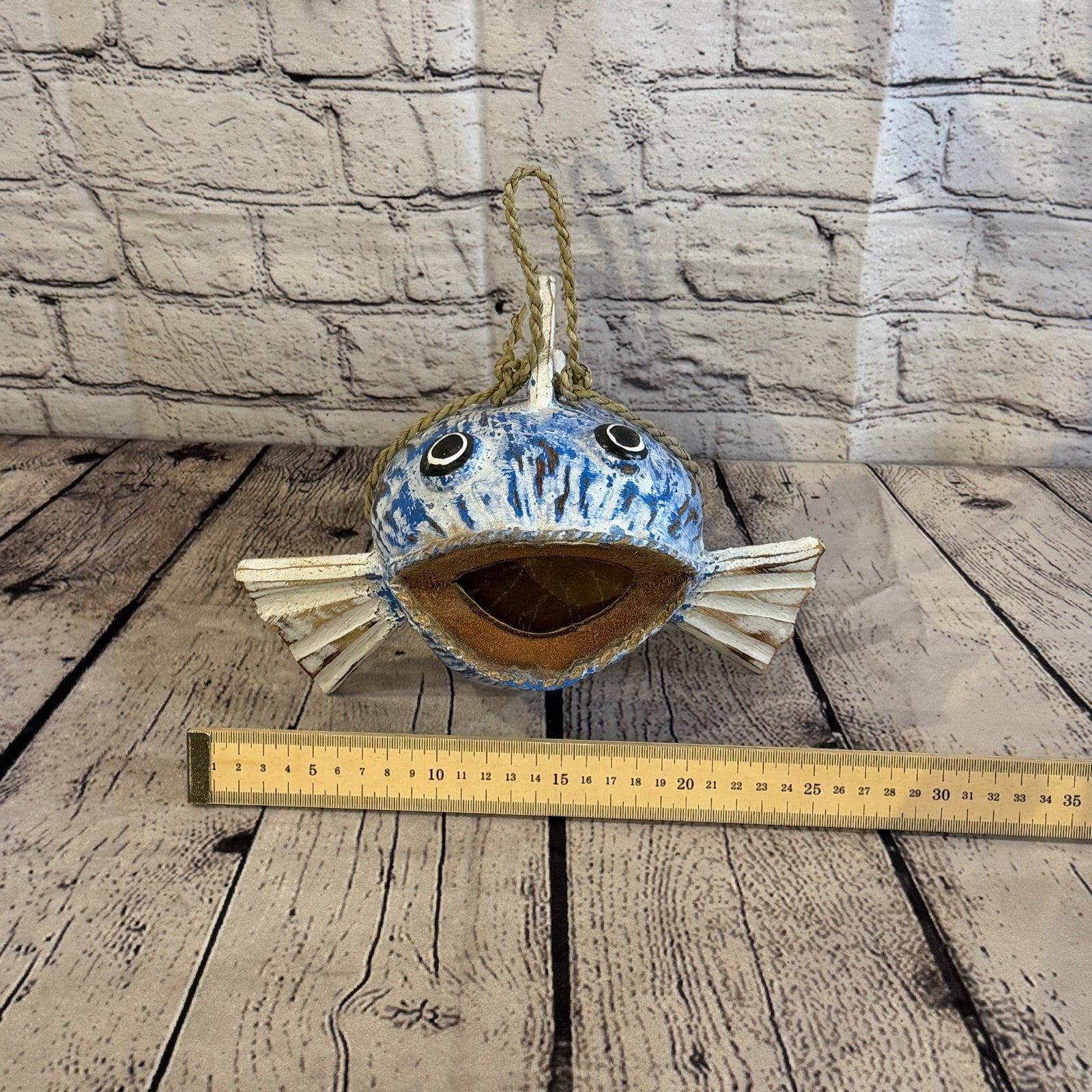 Green Blue Fins Folk Art Painted Shark Fish Coconut Shell Ornaments Hanging7