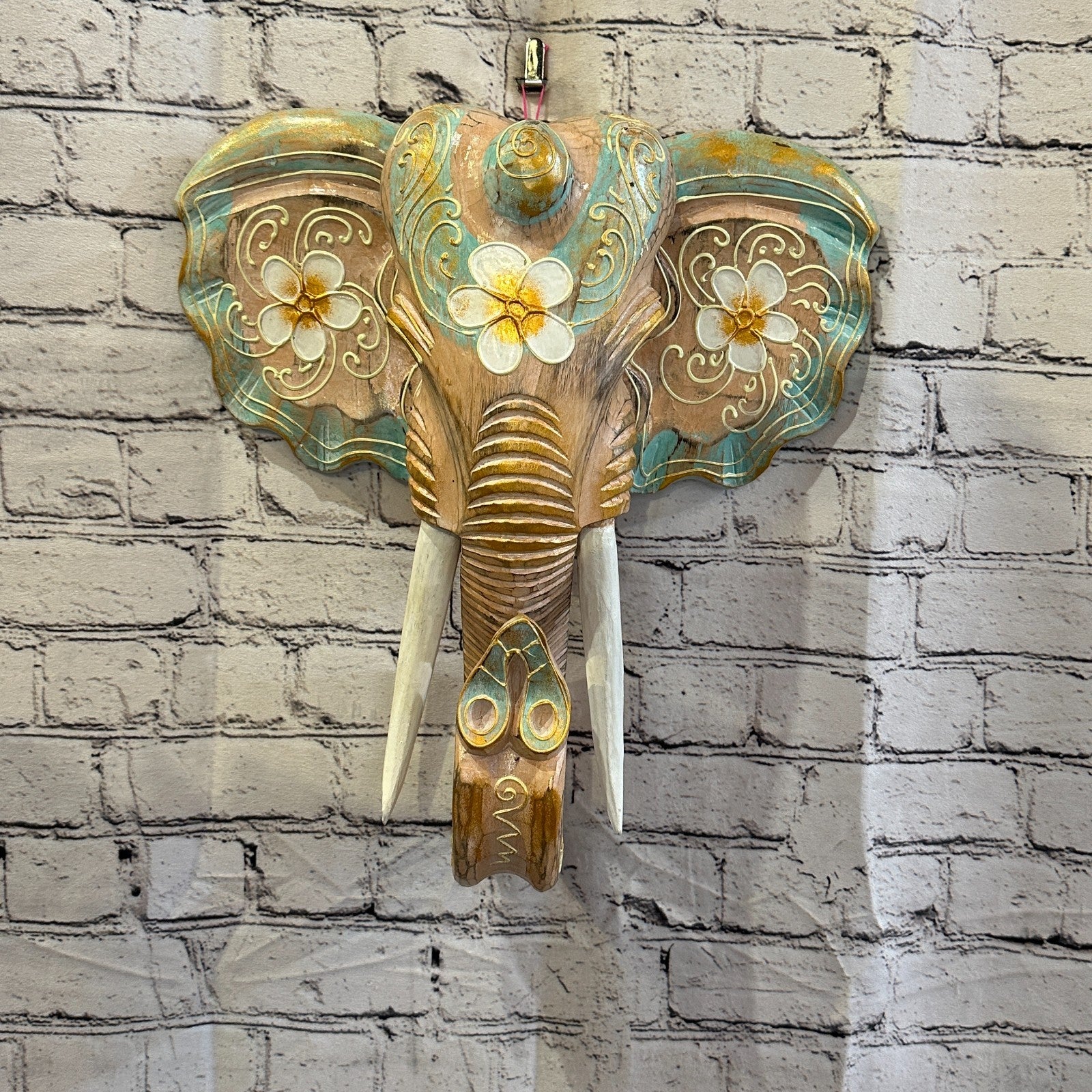 40cm x 35cm Green Flower Painted Wood Elephant Head Wall Mounted Art Shabby2