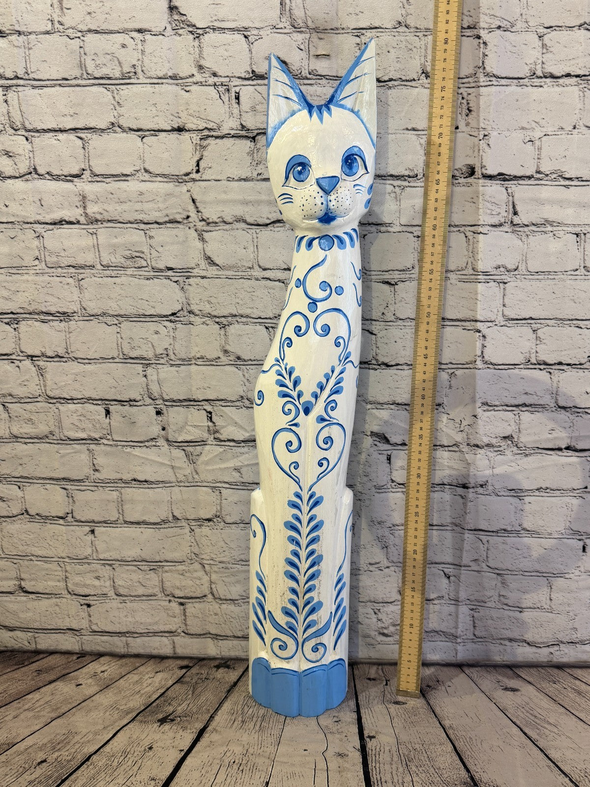 80cm Blue White Flower Wooden Shabby Cat Statue Ornament Fair Trade Handcarved5