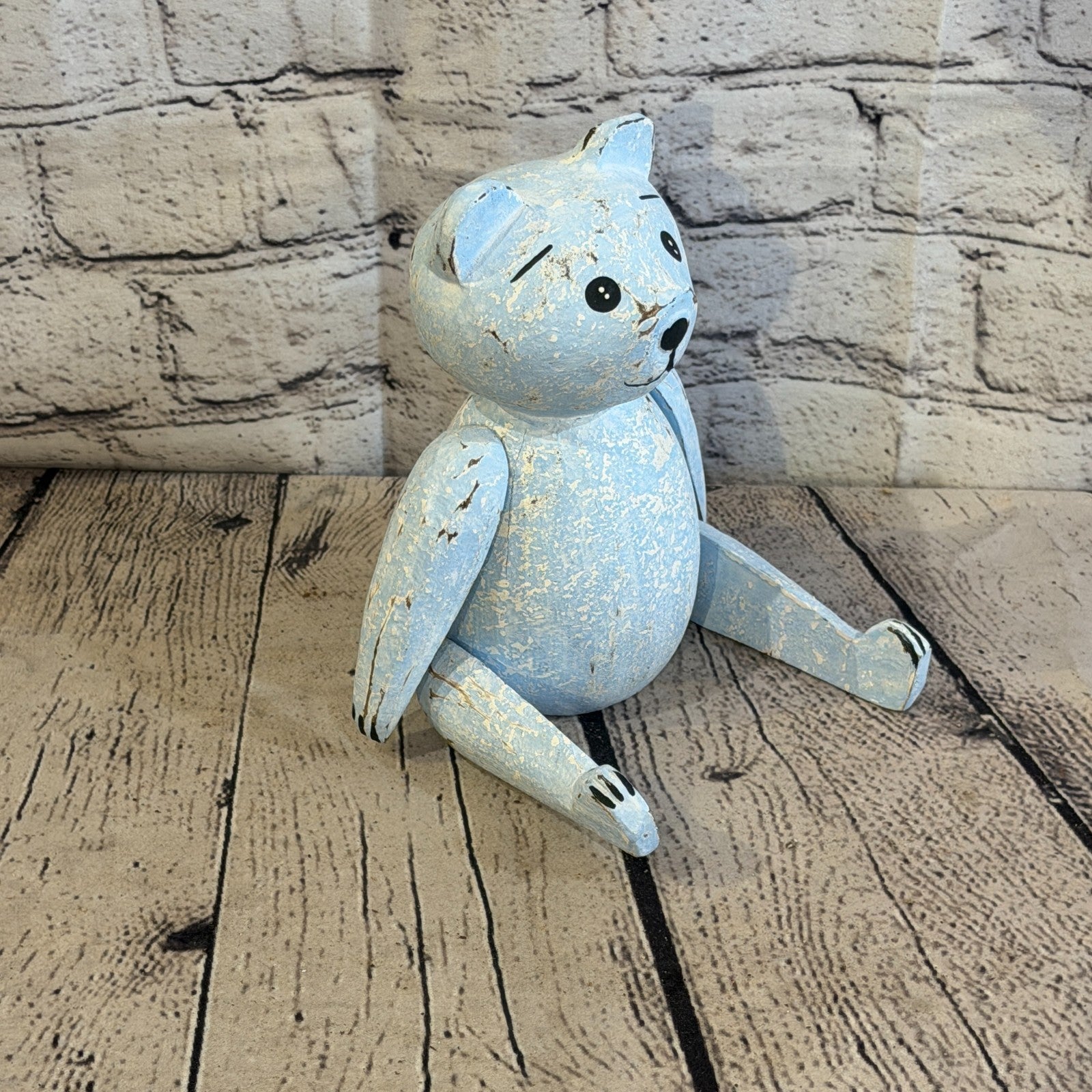 18cm Blue Teddy Bear Sitting Animal, Wooden Shelf Ornament Handmade & Fairtrade2
