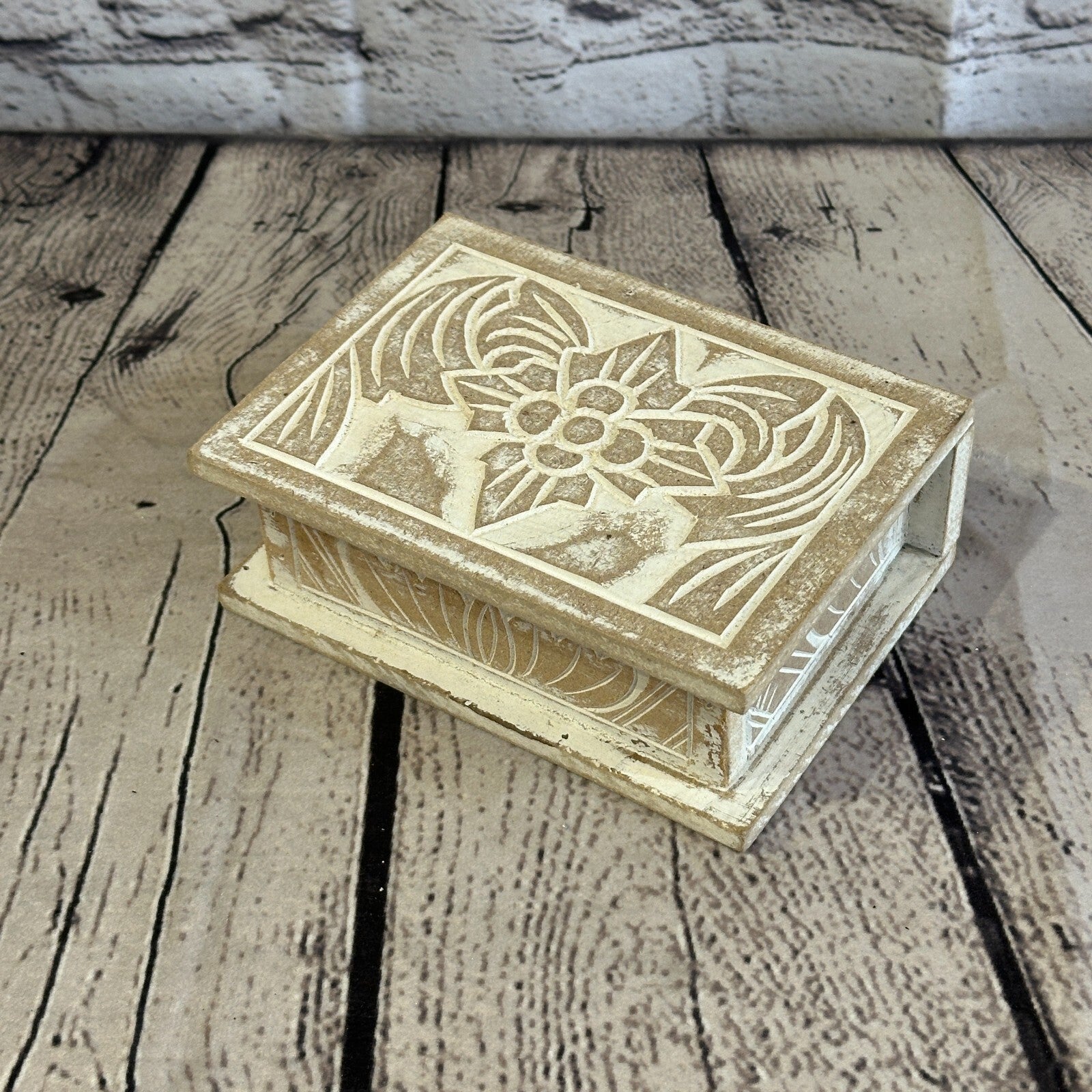 White Flower MDF Box Lotus 14cm x 10cm x 6cm Wooden Box Trinket Handmade0