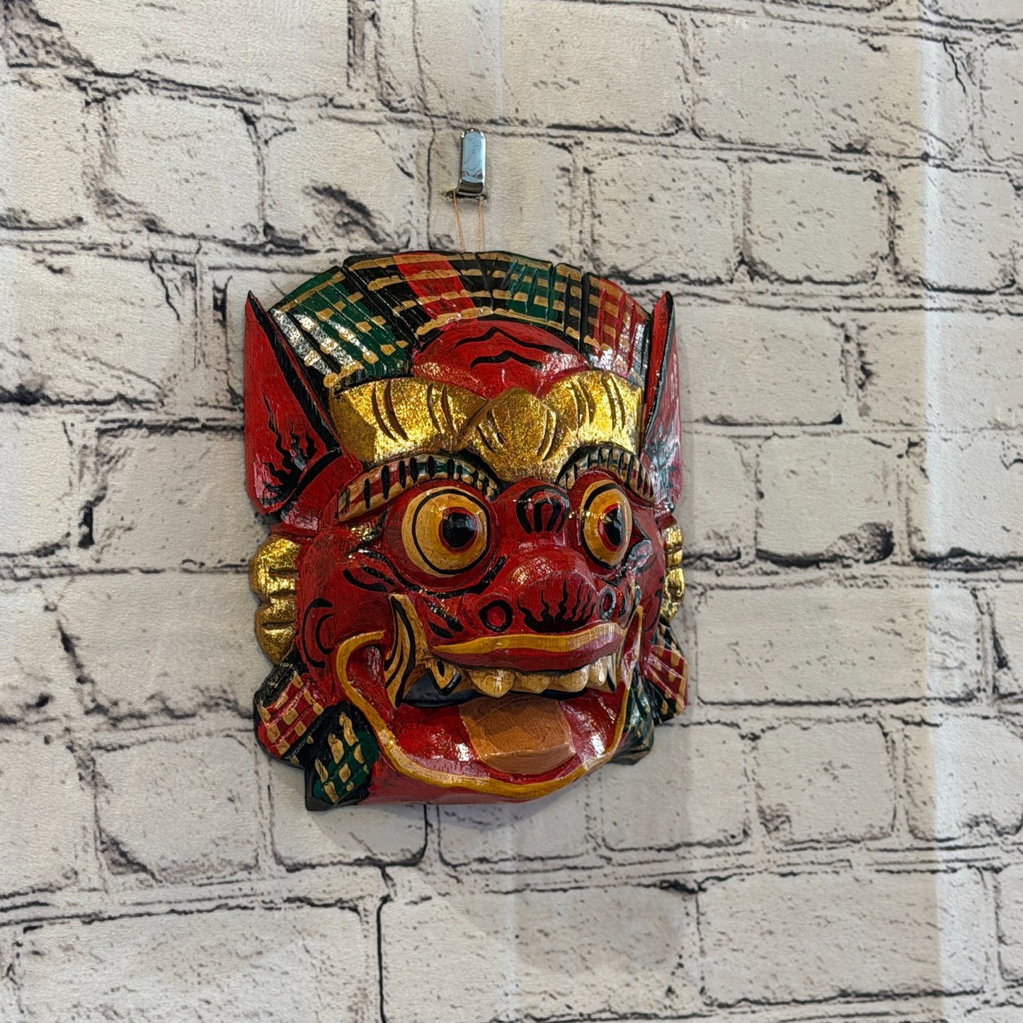 Large Wooden Red Barong Wall Mask 20cm x 20cm Handmade And Fairtrade Hindu0
