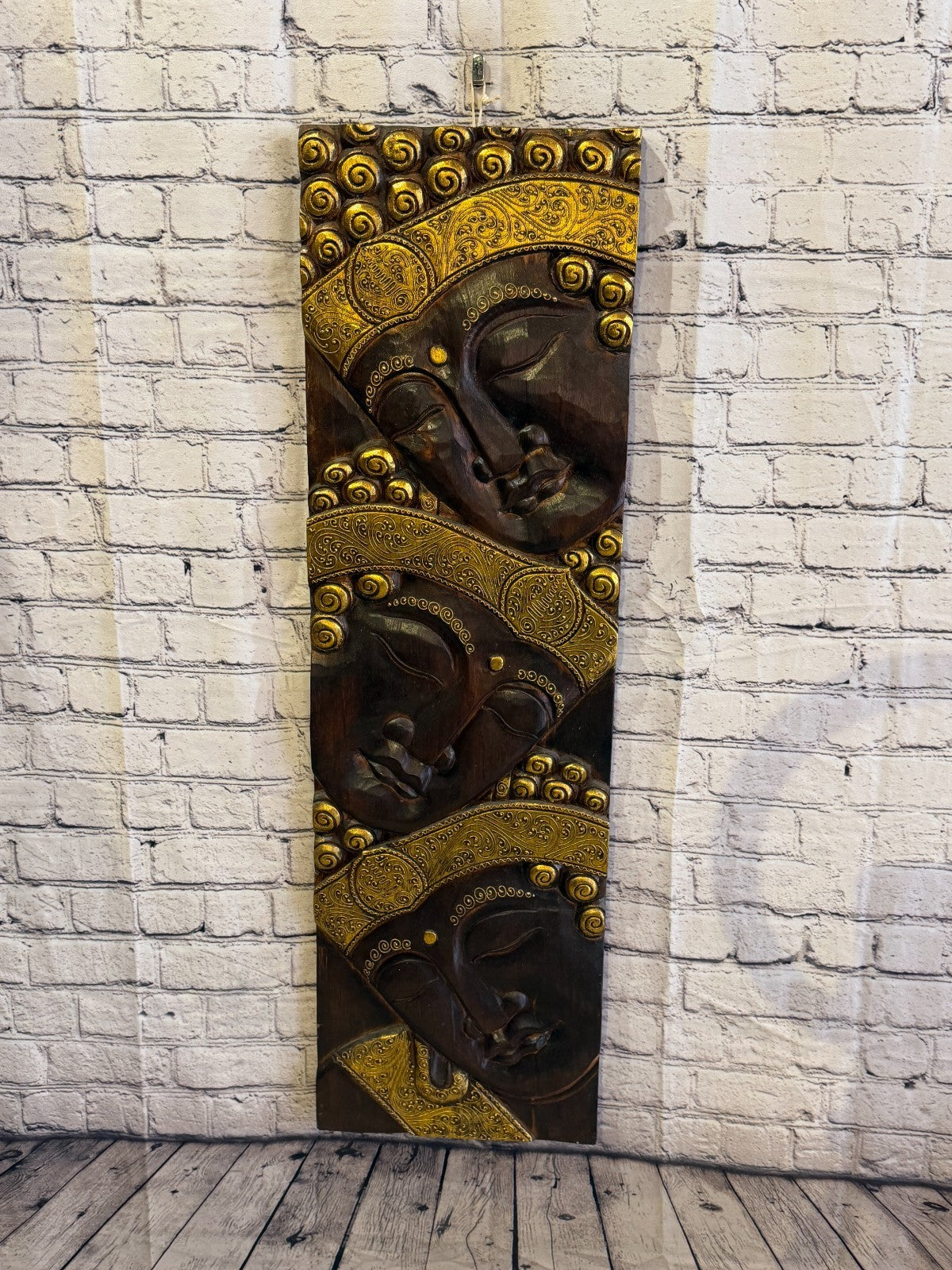 100cm x 30cm Gold Brown 3 Buddha Wall Art Plaque Handcarved Wooden Wood Panel0