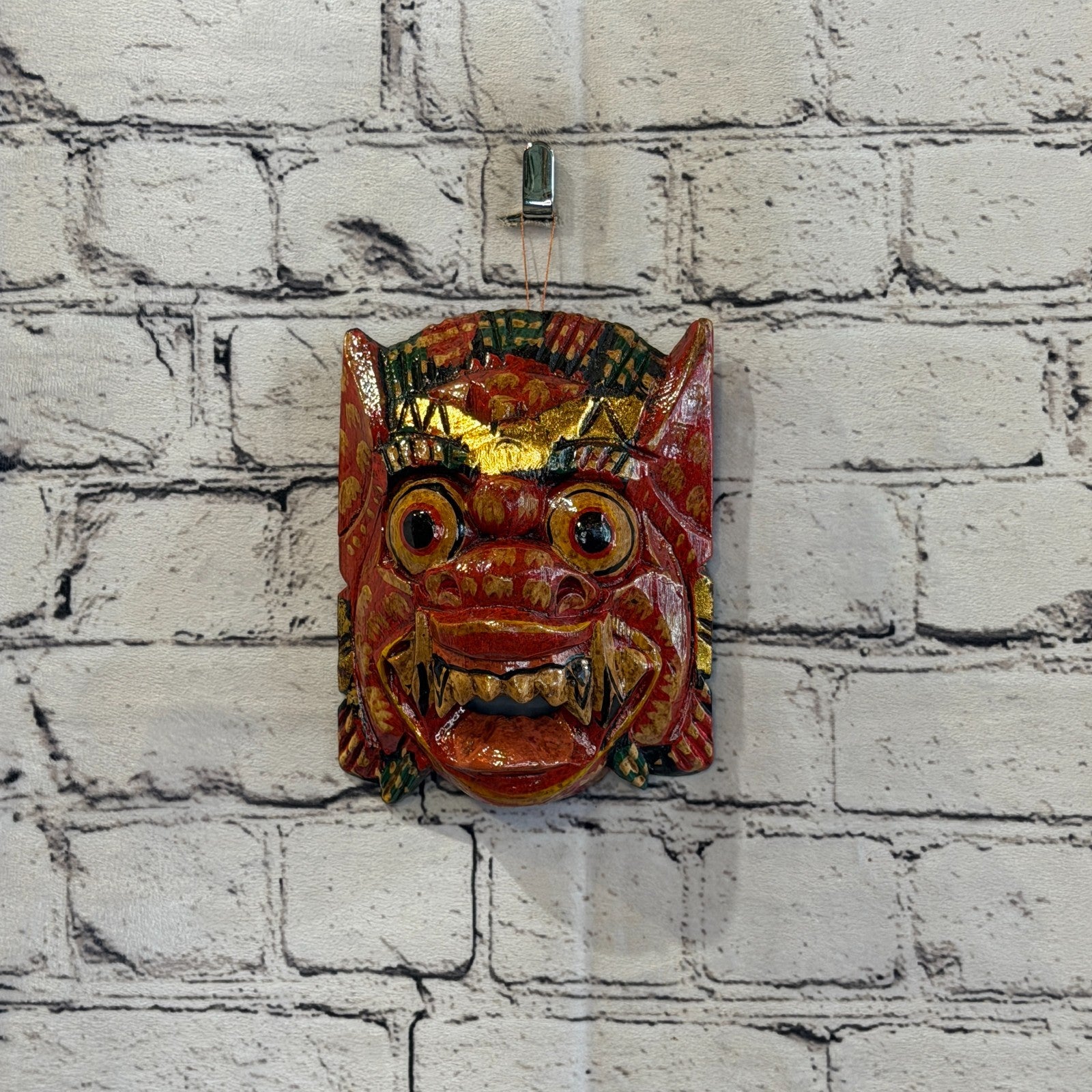 Small Wooden Red Barong Wall Mask 12cm x 12cm Handmade And Fairtrade Hindu2