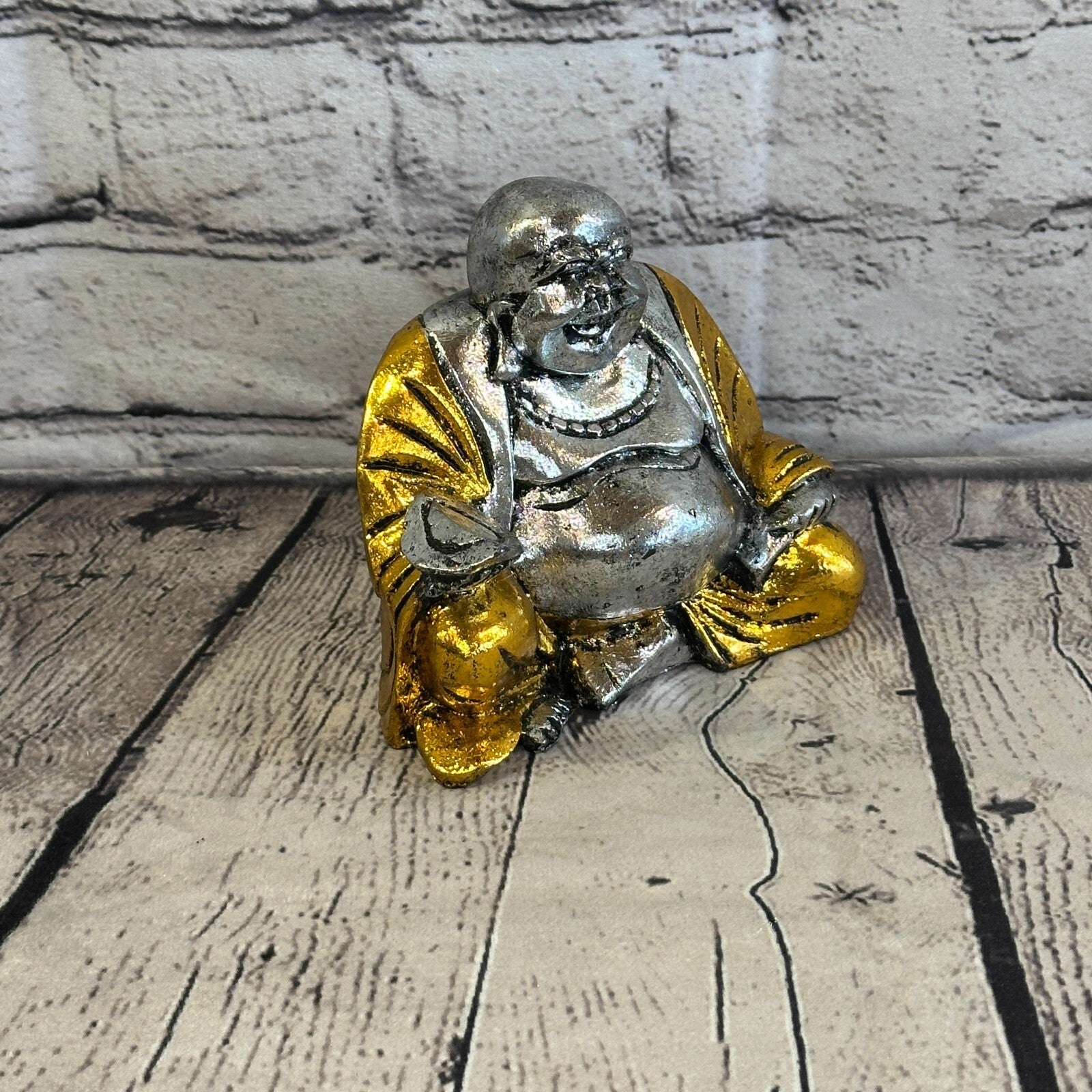 Silver And Gold 12cm x 12cm Large Chinese Buddha Sitting On Lotus Statue Resin2