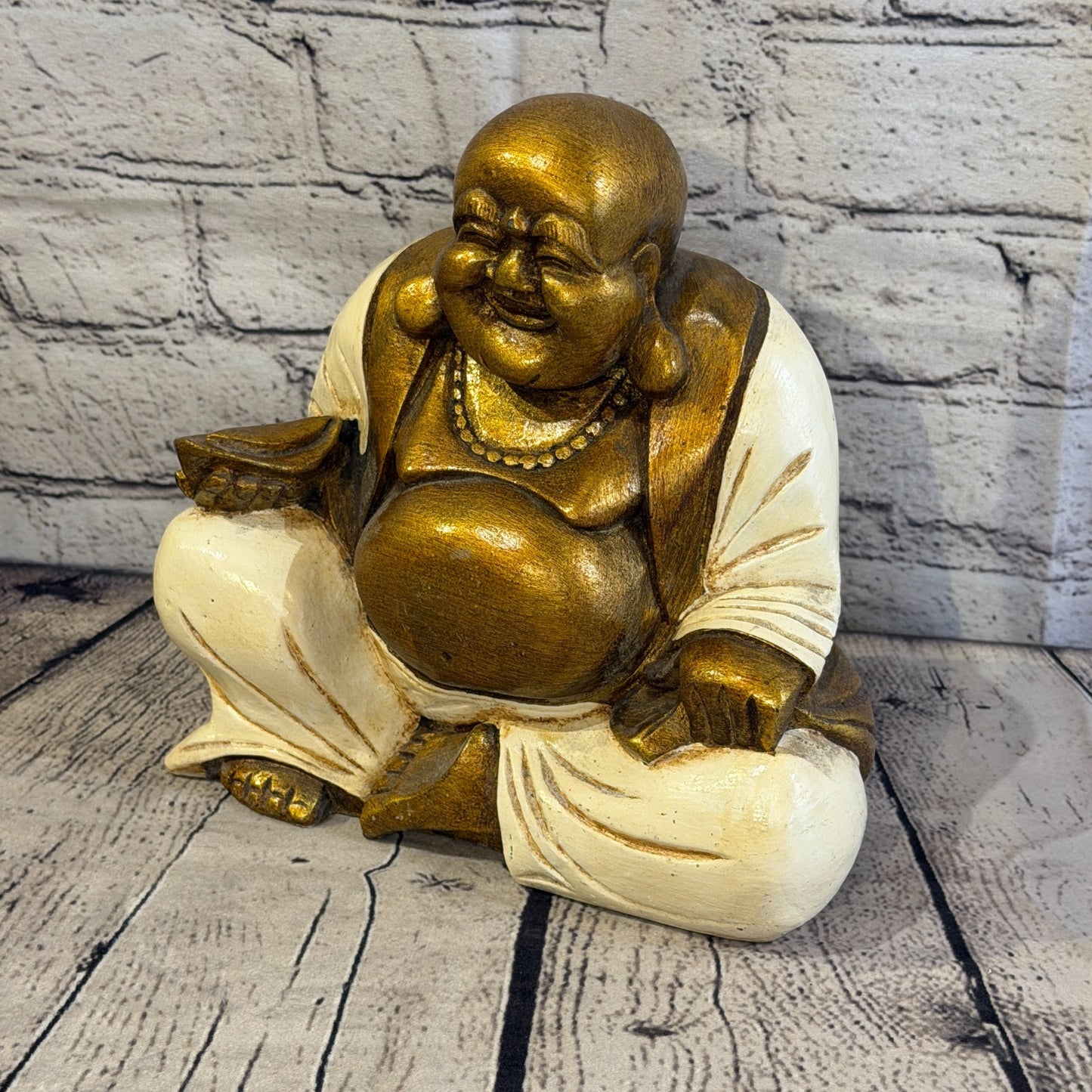 Cream & Bronze 20cm x 20cm Large Chinese Buddha Sitting On Lotus Statue Resin0