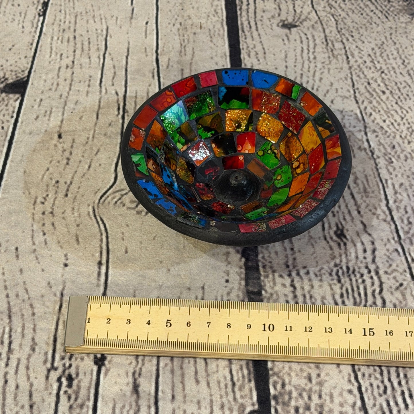 Rainbow Small 12cm Round Mosaic Pottery Incense Holder Burner Detail2