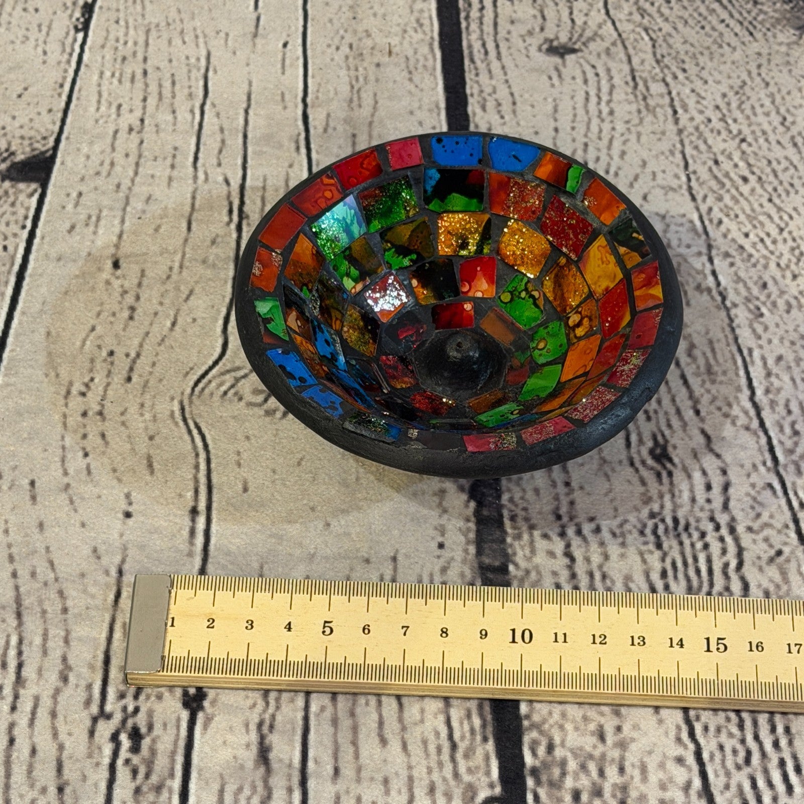 Rainbow Small 12cm Round Mosaic Pottery Incense Holder Burner Detail2
