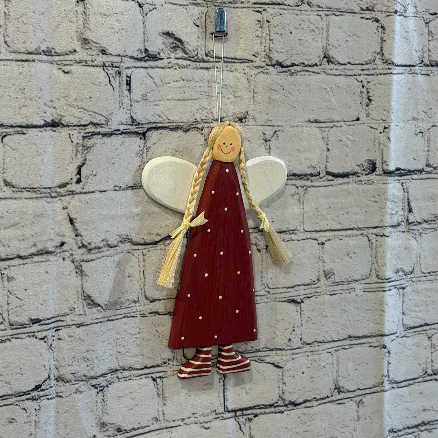 25cm Red Wall Hanging Angel Figurine Folk Art Wood Fabric Baltic Handmade2