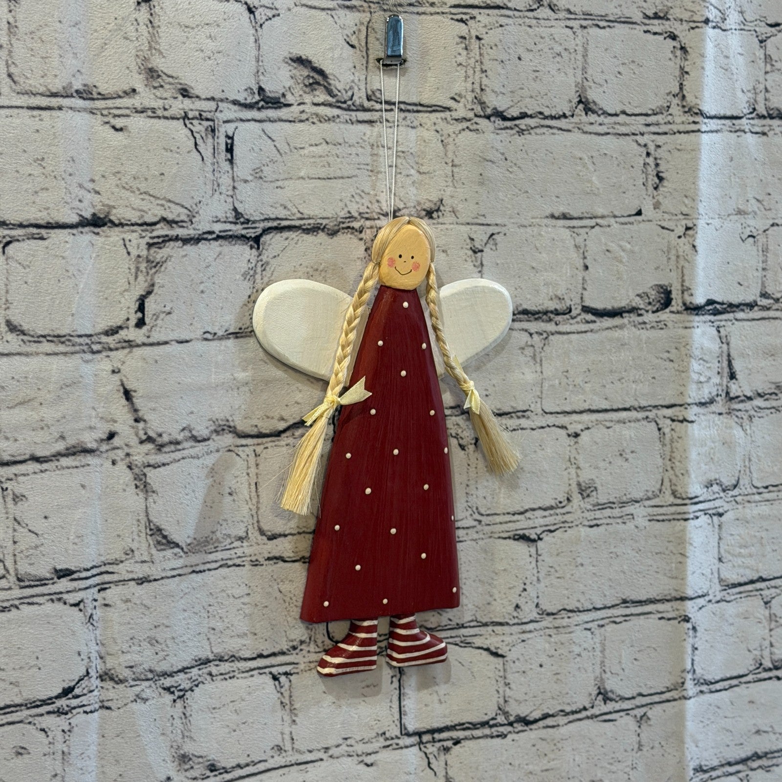 25cm Red Wall Hanging Angel Figurine Folk Art Wood Fabric Baltic Handmade2
