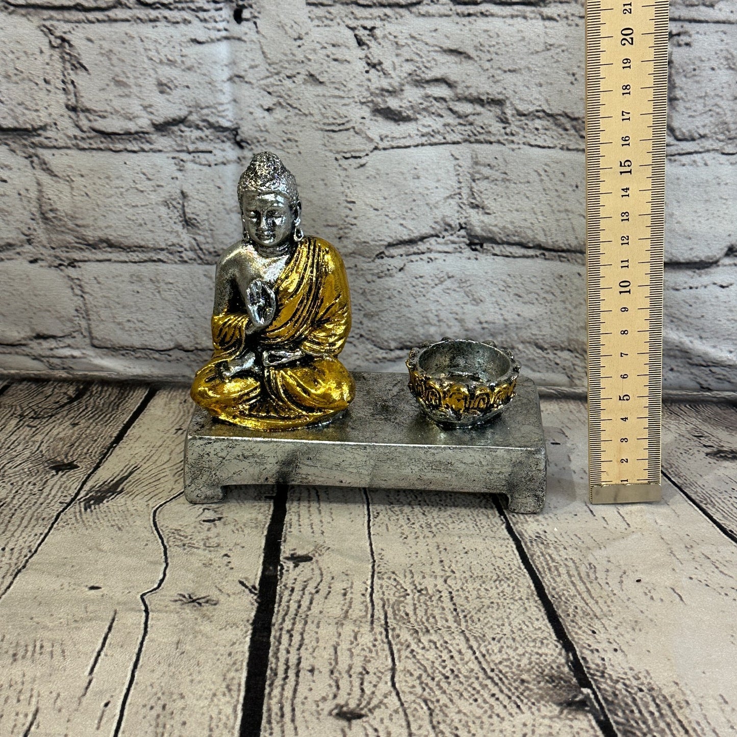 Silver And Gold 15cm x 15cm Thai Buddha Tea Light Holder Statue Resin Hindu6