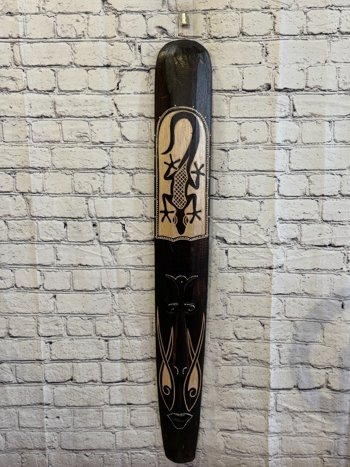 100cm Gecko Mask Carved Wooden Brown Work Painted Ethnic Tribal Tiki Wall Art2