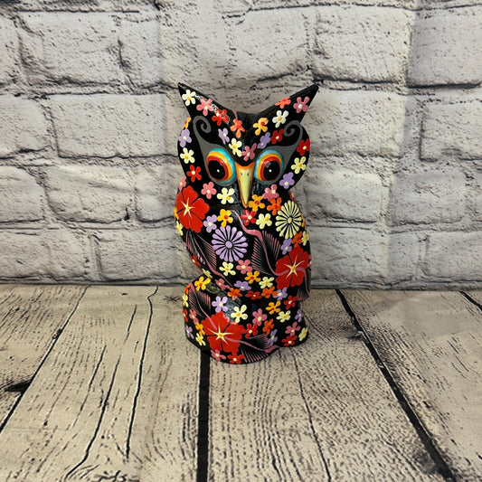 Black Large Wooden Owl With Flower Pattern 20cm x 8cm Handmade and Fairtrade0
