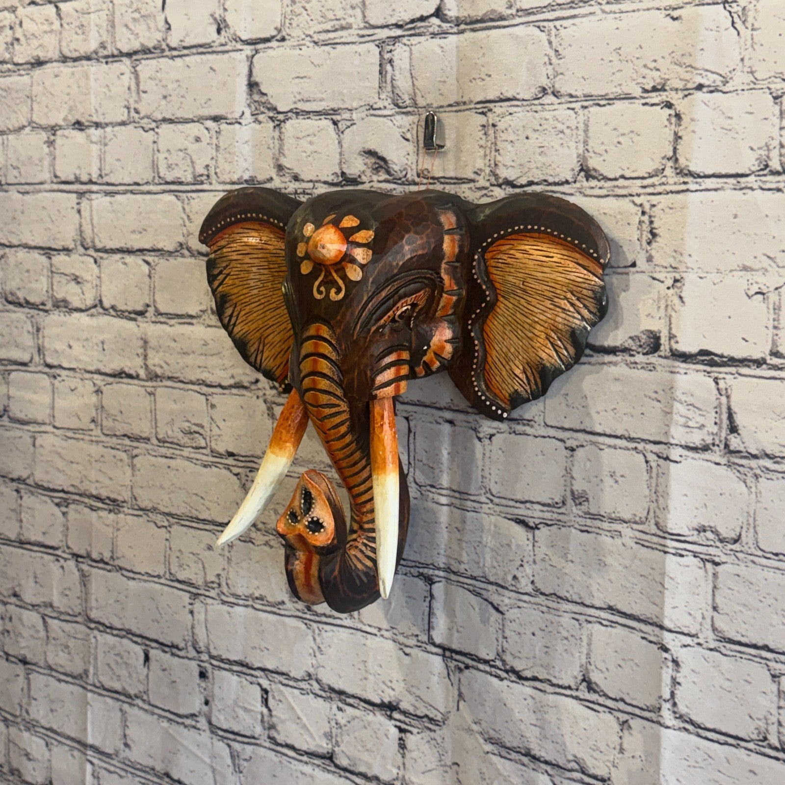 30cm x 30cm Brown Light Painted Wood Elephant Head Wall Mounted Art Shabby1