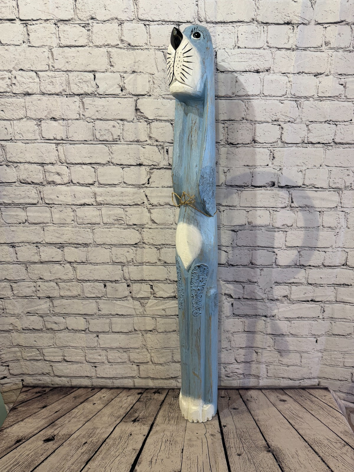 100cm Light Blue Wooden Shabby Dog Statue Ornament Fair Trade Handcarved0