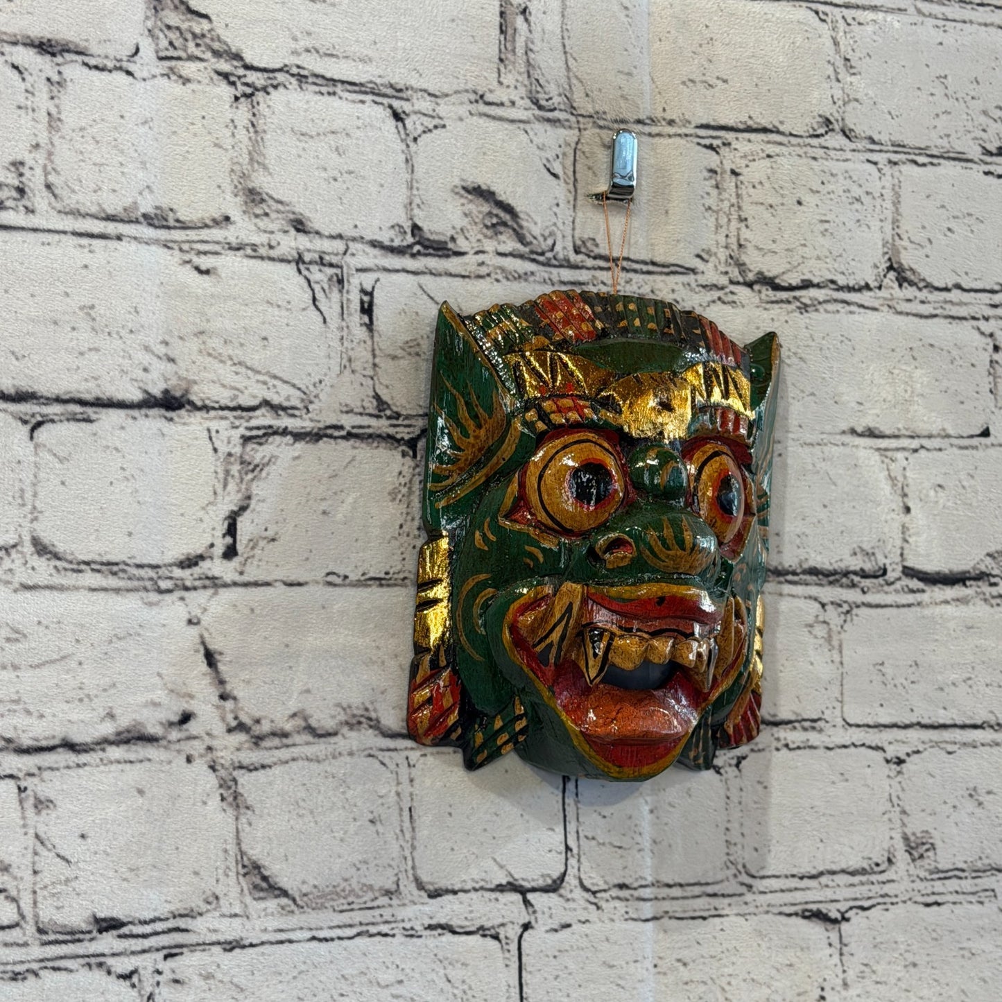 Medium Wooden Green Barong Wall Mask 15cm x 15cm Handmade And Fairtrade Hindu0