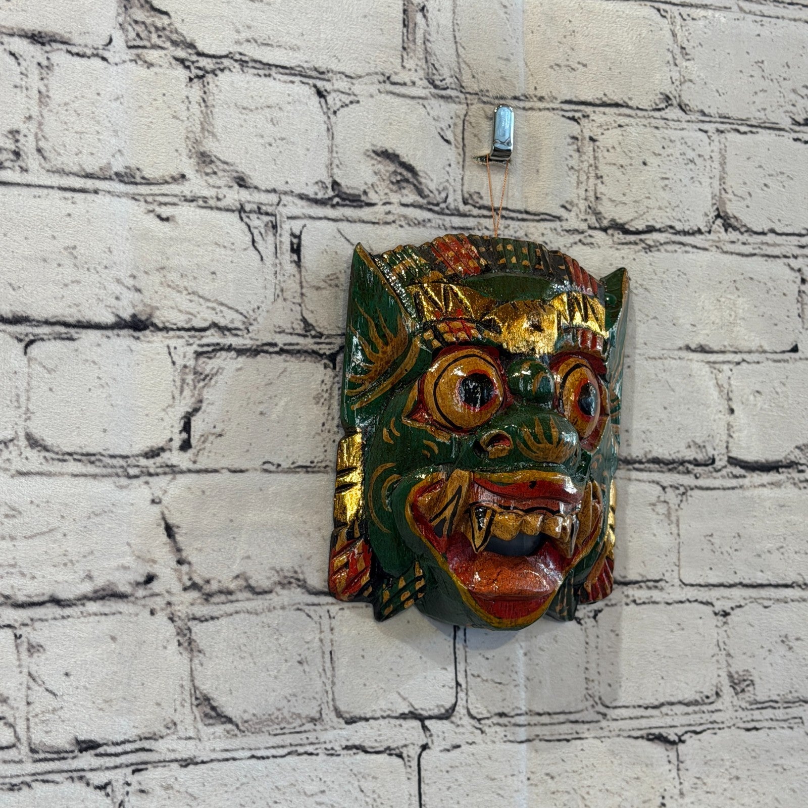 Medium Wooden Green Barong Wall Mask 15cm x 15cm Handmade And Fairtrade Hindu0