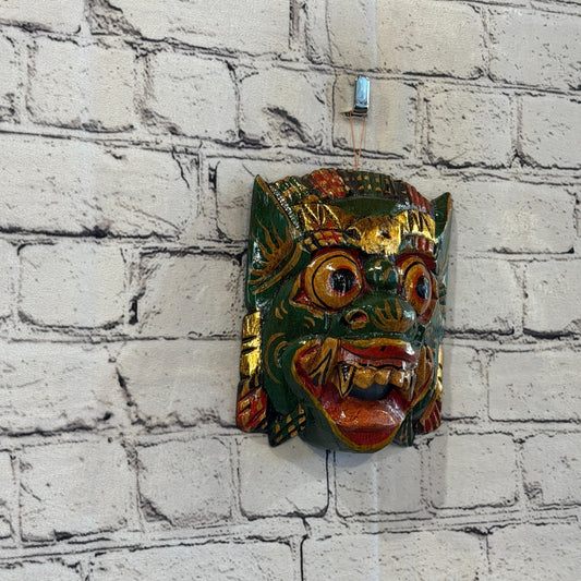 Medium Wooden Green Barong Wall Mask 15cm x 15cm Handmade And Fairtrade Hindu0