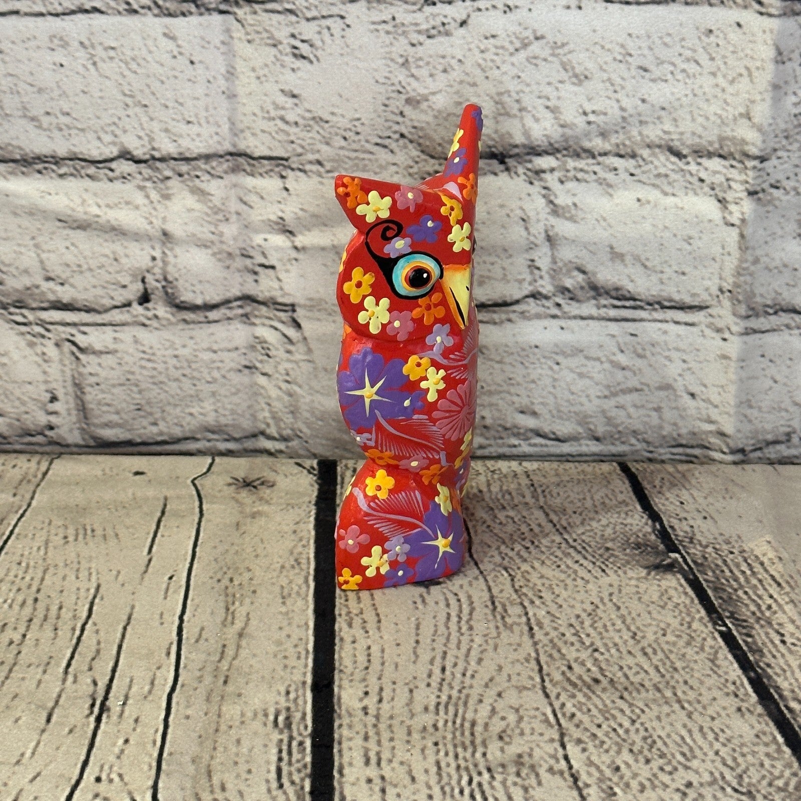 Red Small Wooden Owl With Flower Pattern 12cm x 8cm Handmade and Fairtrade2