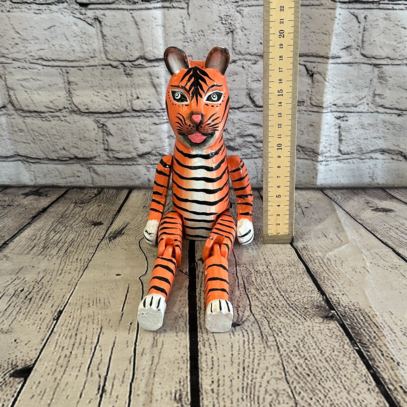 20cm Orange Tiger Sitting Animal, Wooden Shelf Ornament Handmade & Fairtrade7