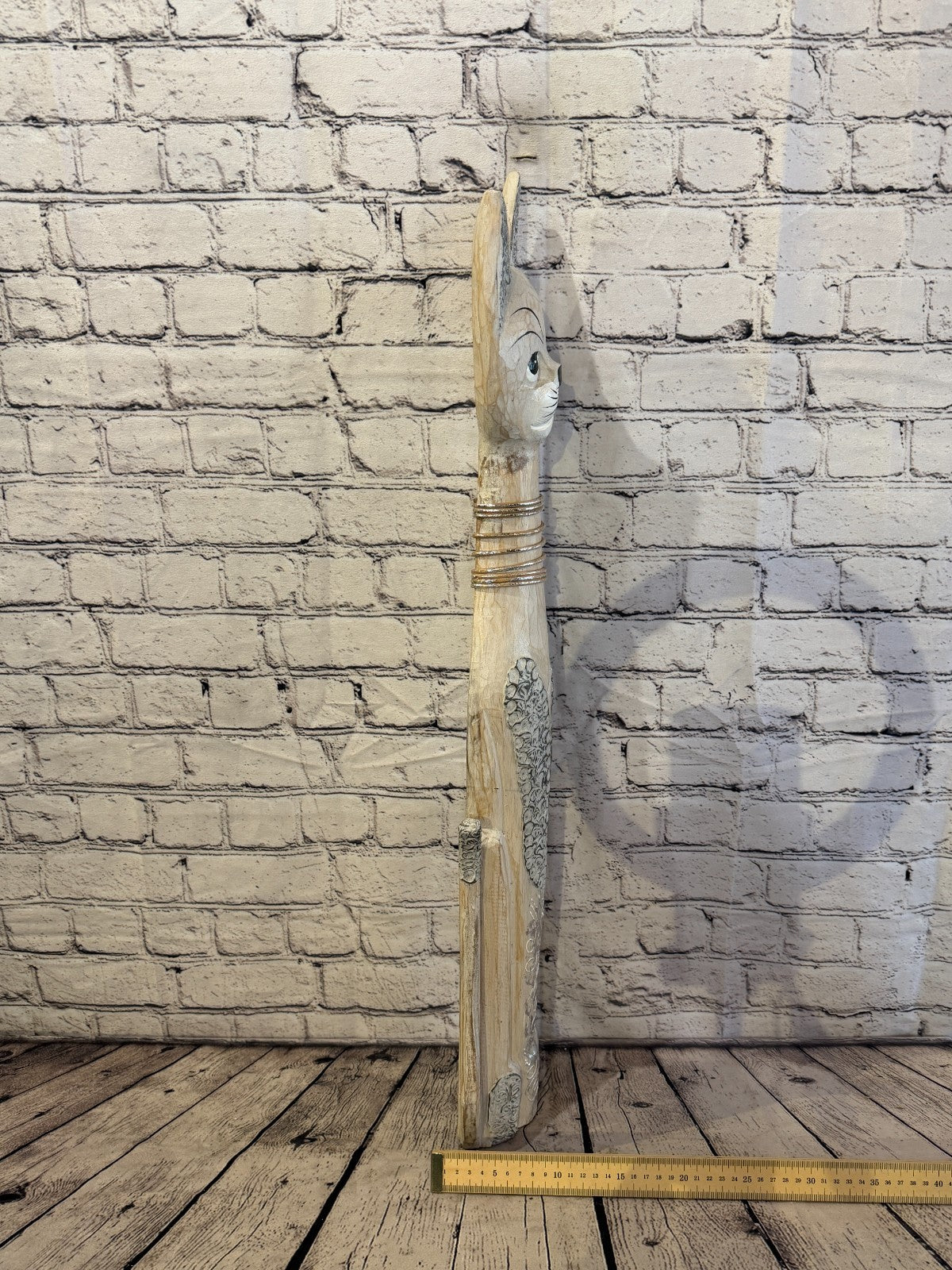 80cm White Silver Dots Wooden Shabby Cat Statue Ornament Fair Trade Handcarved7