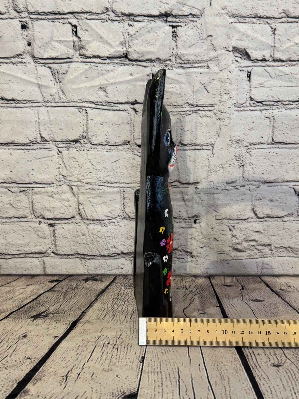 30cm Black Mix Flower Wooden Shabby Cat Statue Ornament Fair Trade Handcarved7